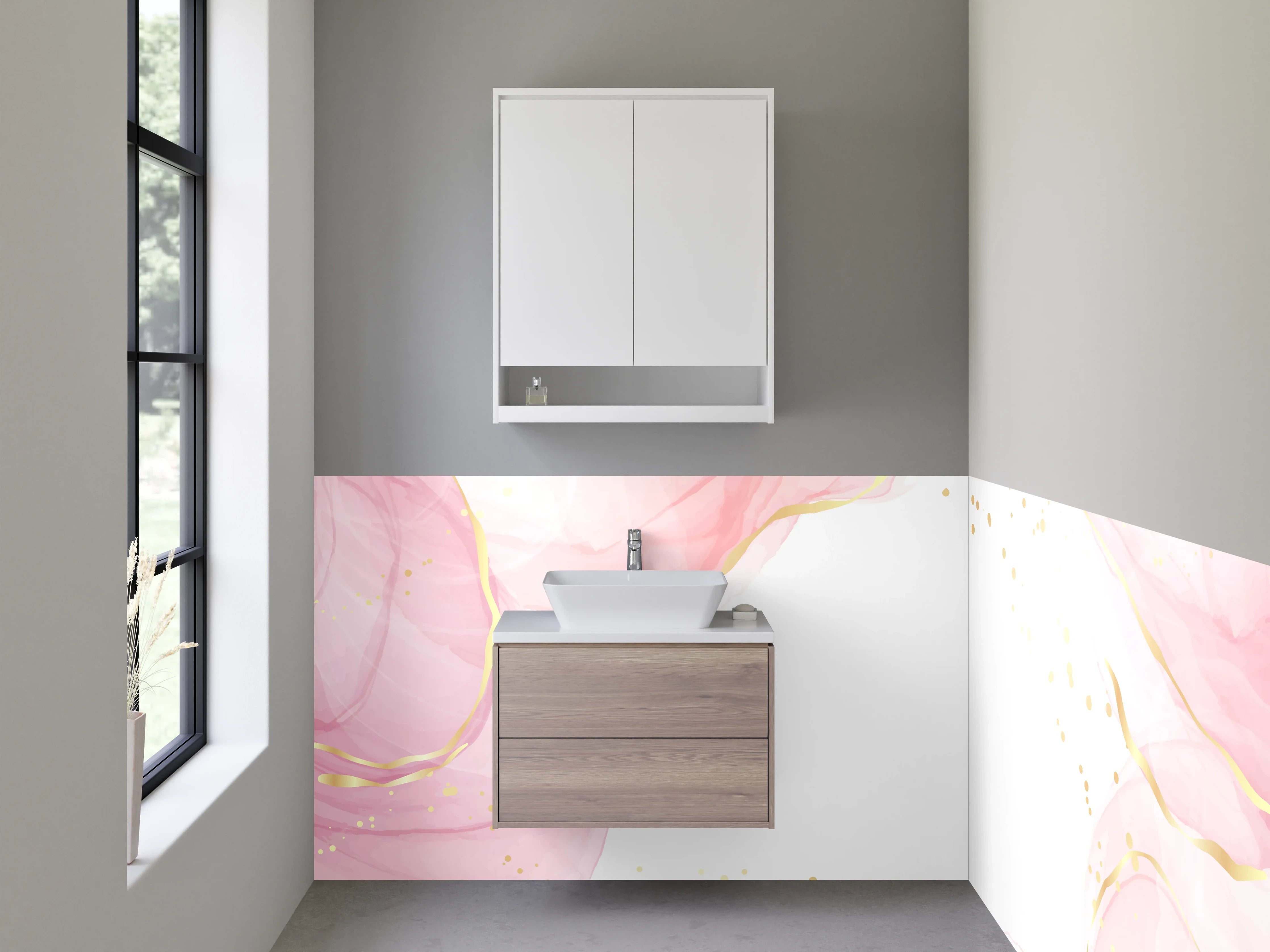 Waschbecken-Rückwand - Rosa Aquarell mit Goldakzent