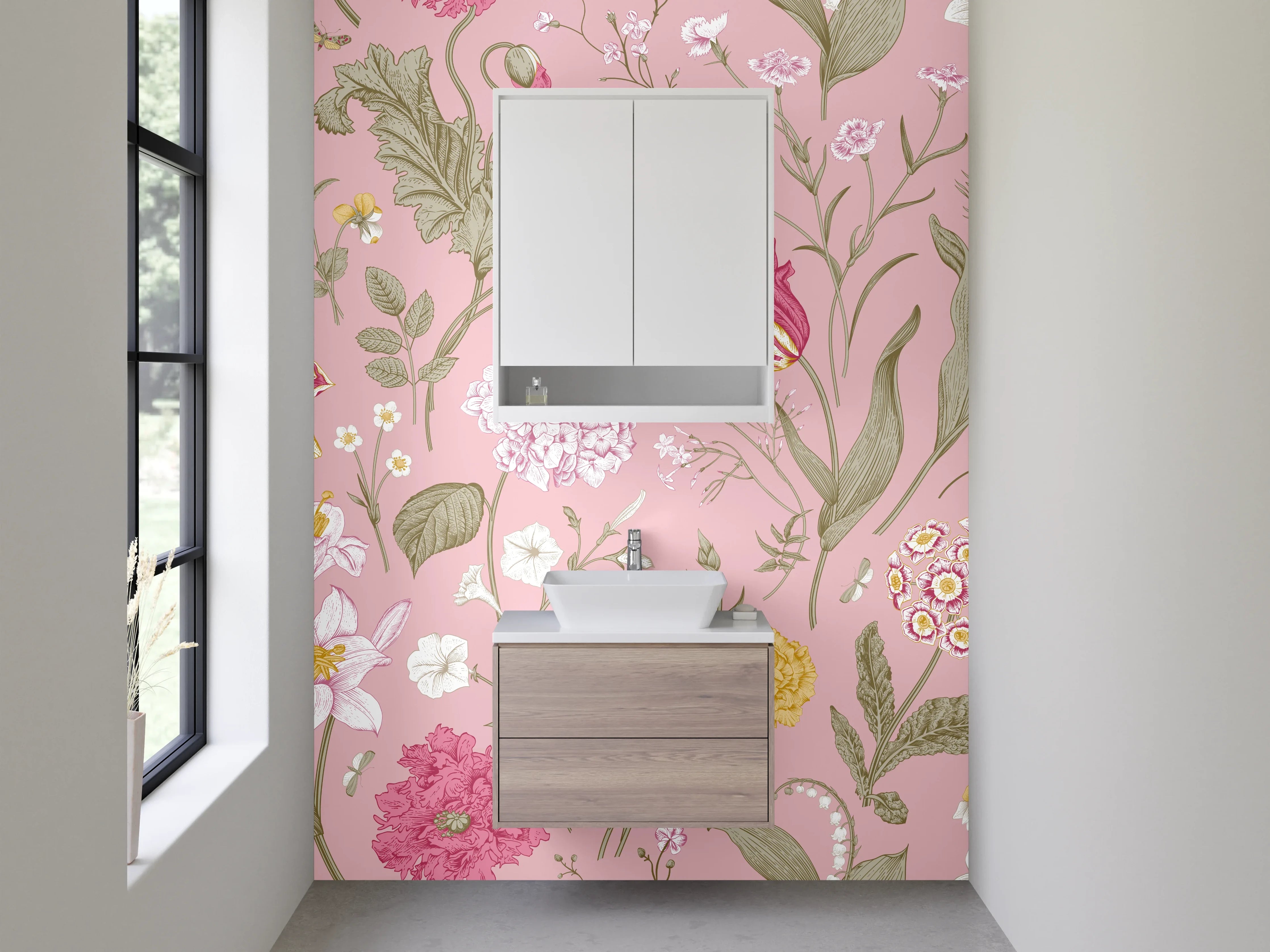 Waschbecken-Rückwand - Rosa Blumenmuster Vintage Tapete