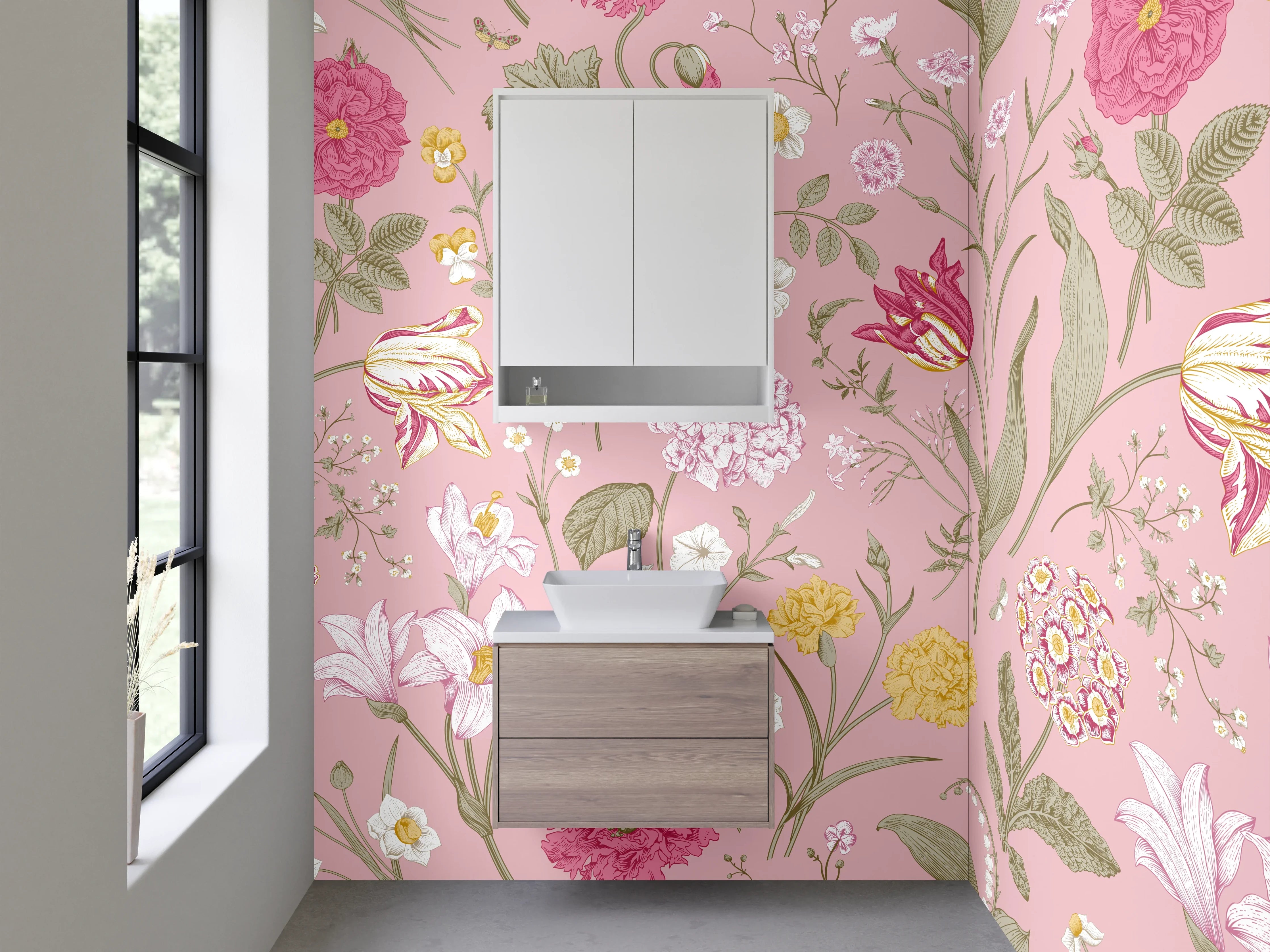 Waschbecken-Rückwand - Rosa Blumenmuster Vintage Tapete
