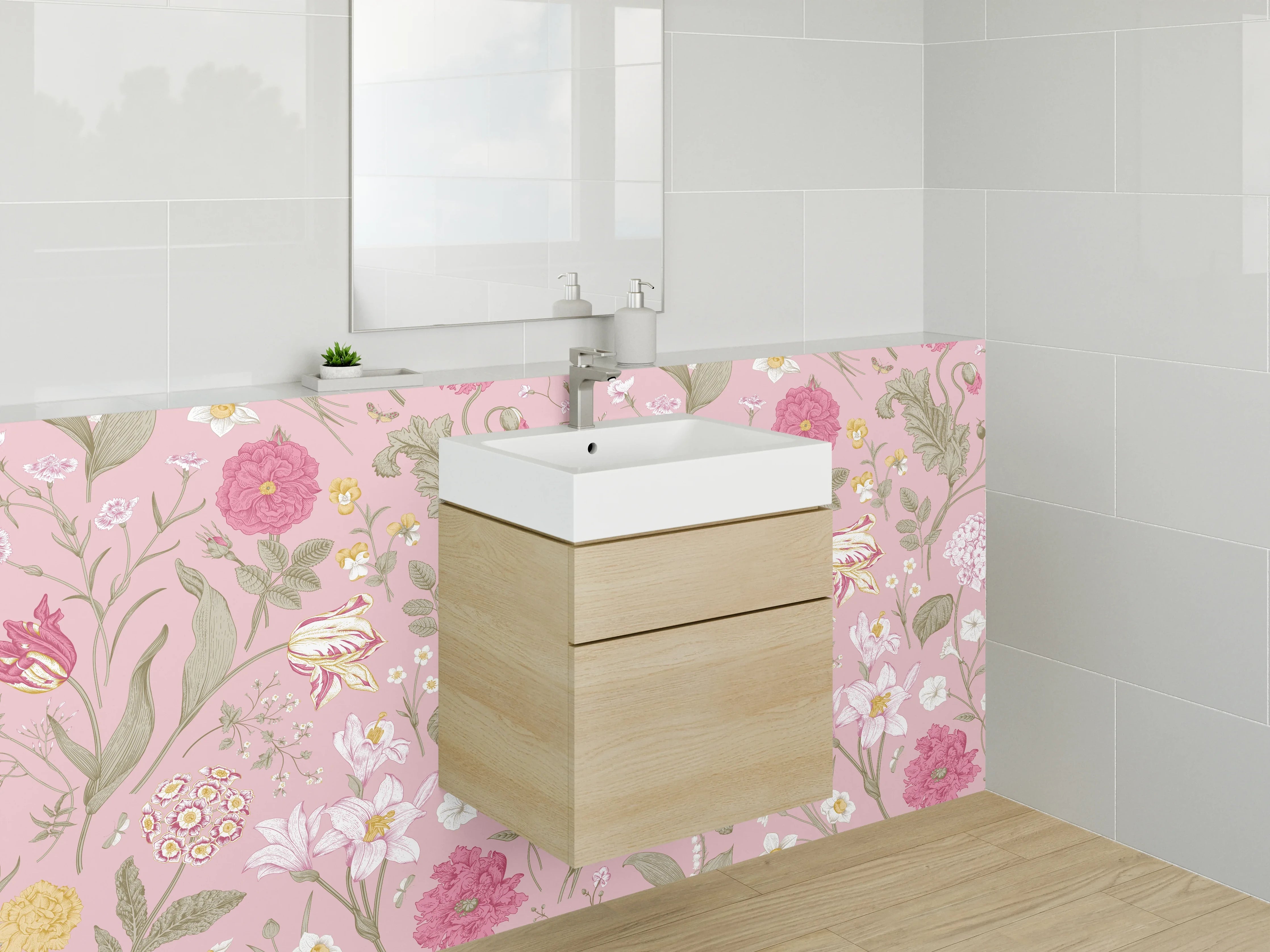 Waschbecken-Rückwand - Rosa Blumenmuster Vintage Tapete