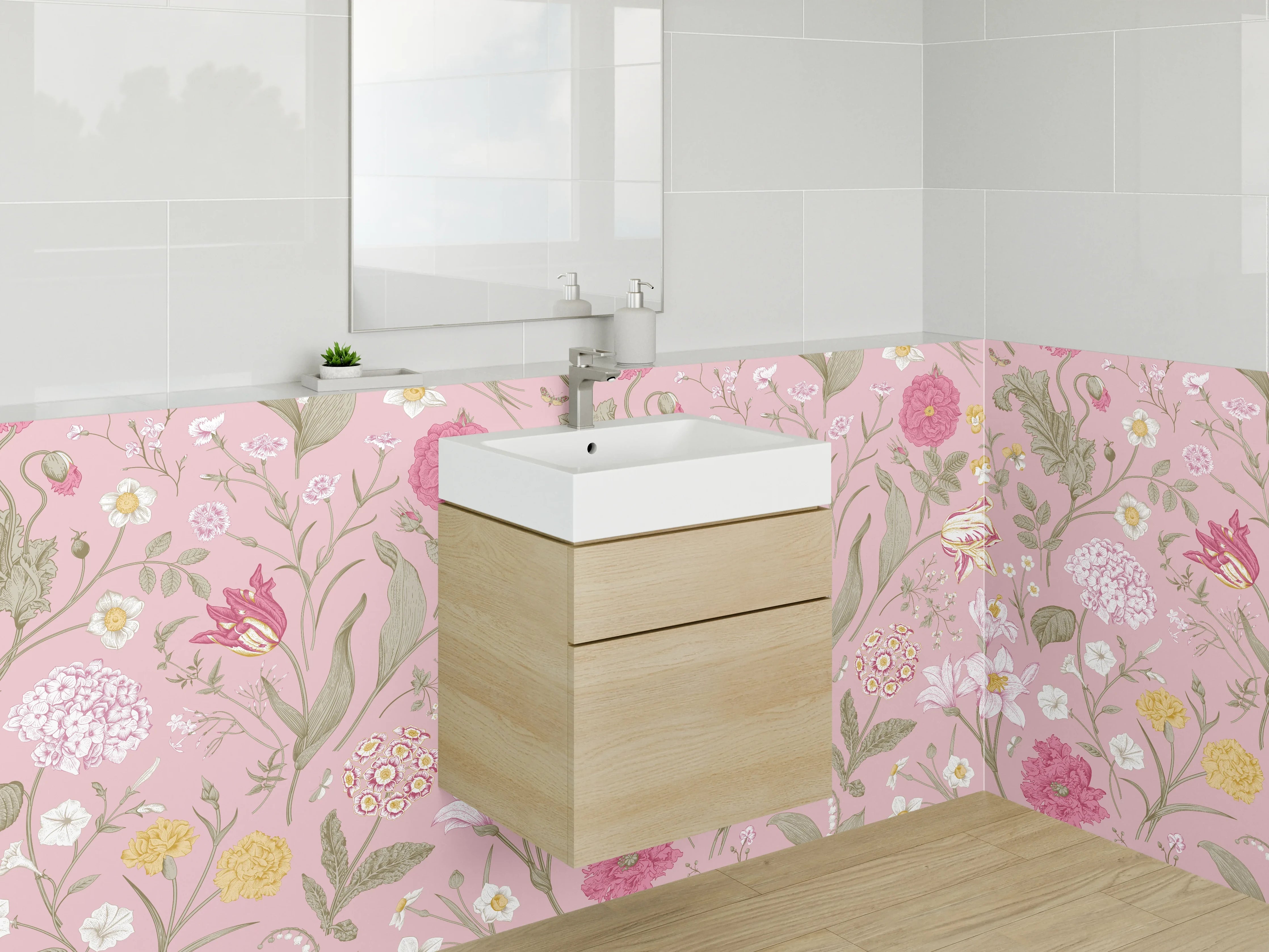 Waschbecken-Rückwand - Rosa Blumenmuster Vintage Tapete