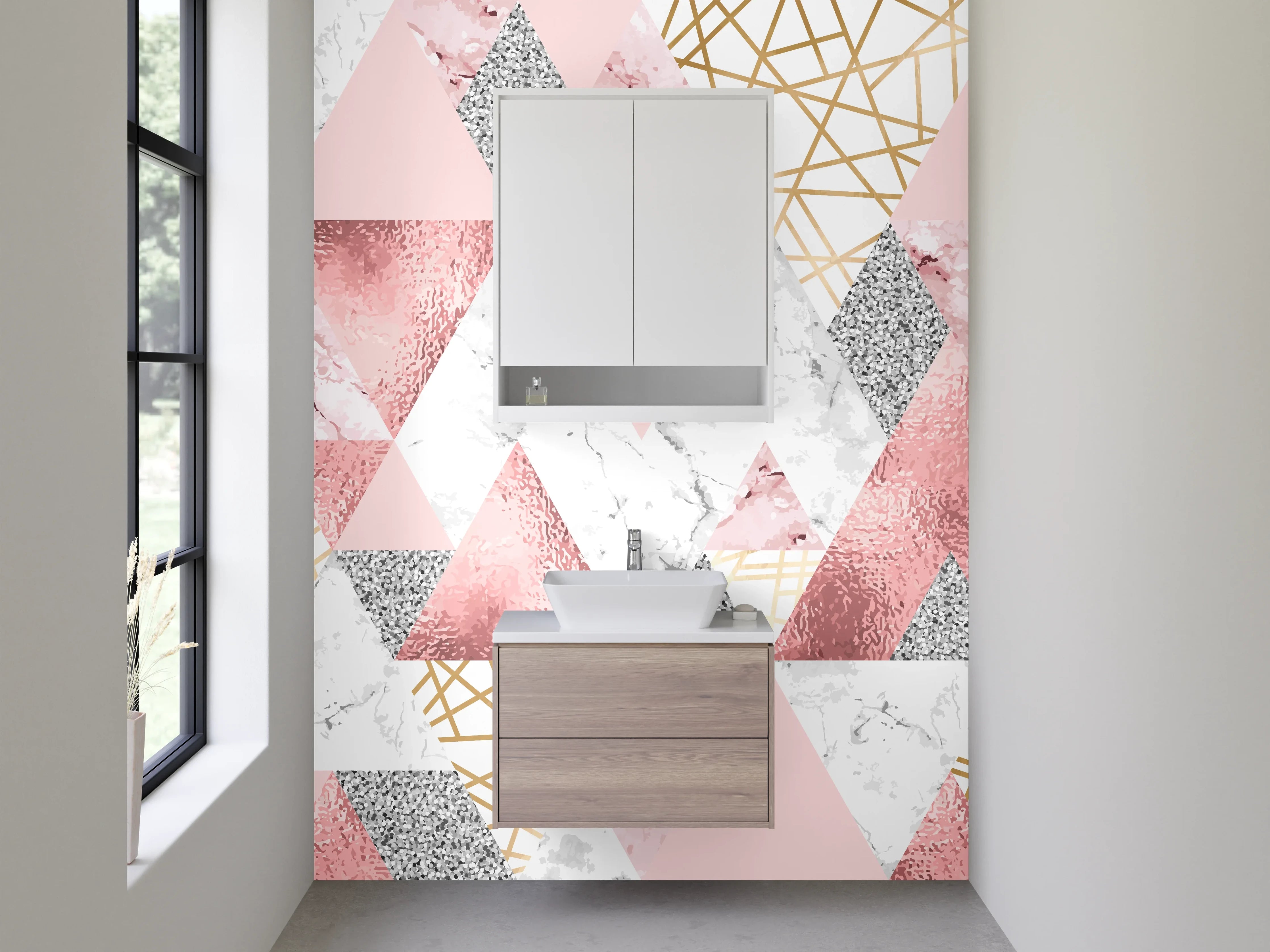 Waschbecken-Rückwand - Rosa Marmor Geometrie mit Goldlinien