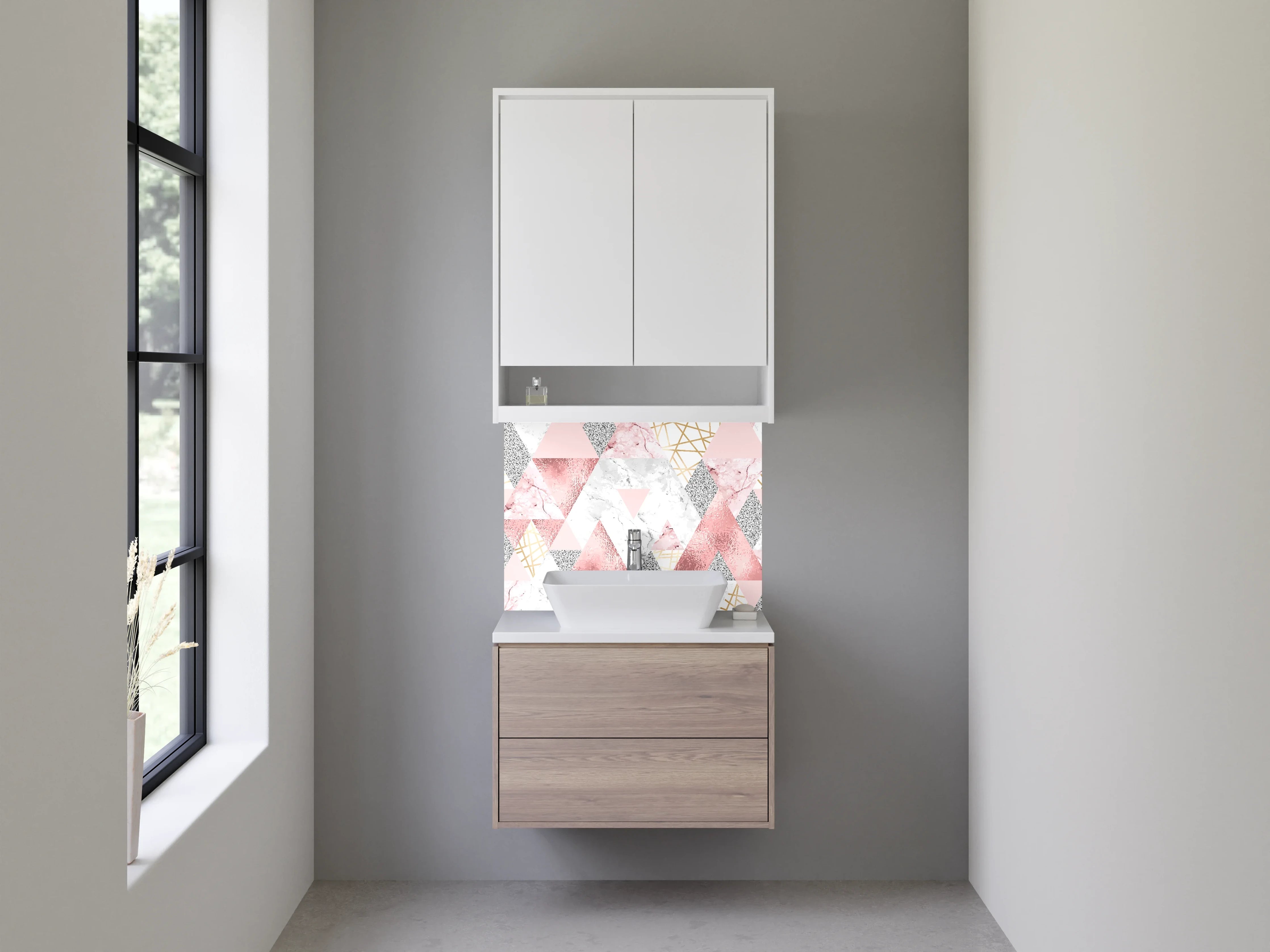Waschbecken-Rückwand - Rosa Marmor Geometrie mit Goldlinien