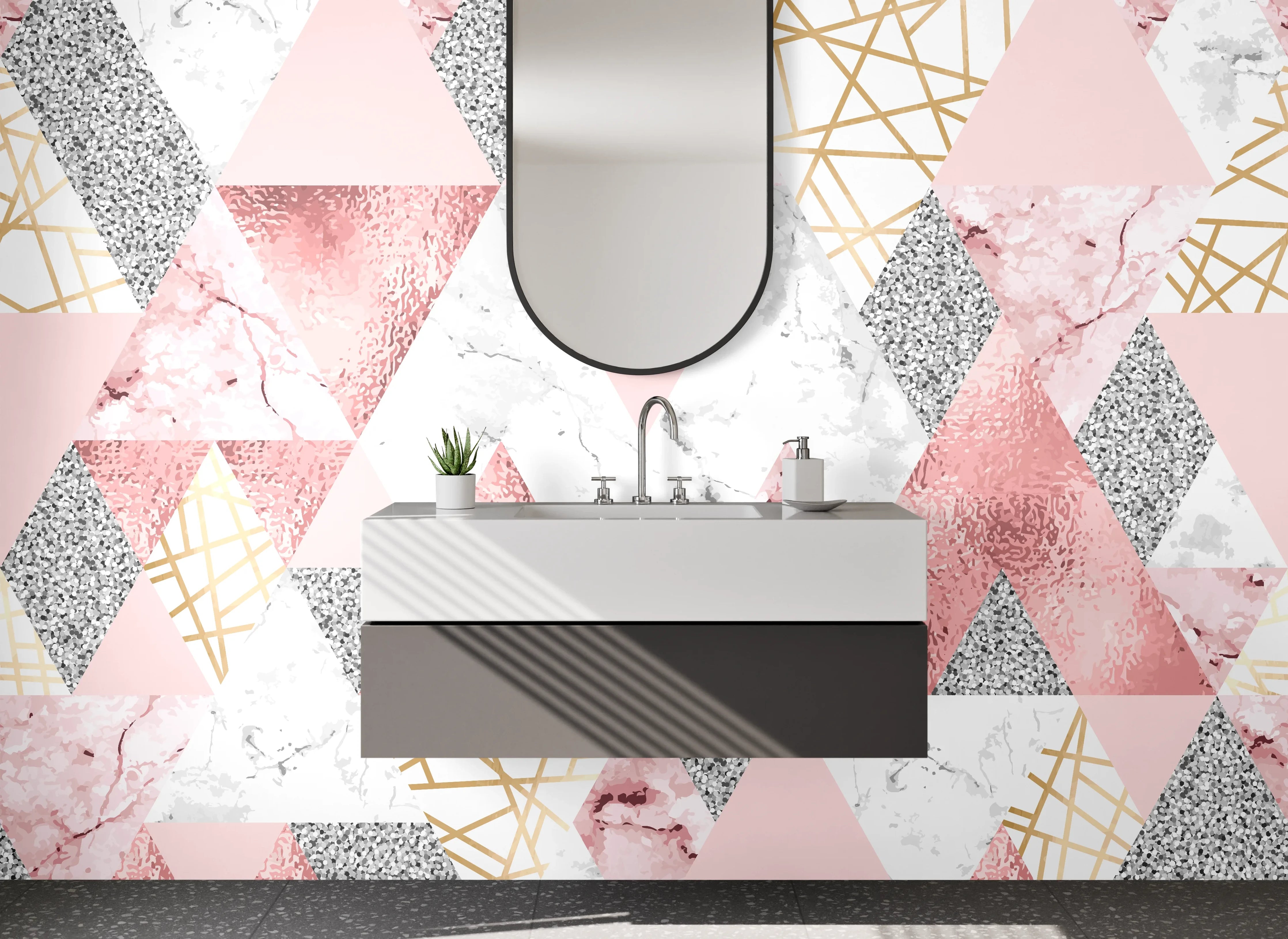 Waschbecken-Rückwand - Rosa Marmor Geometrie mit Goldlinien