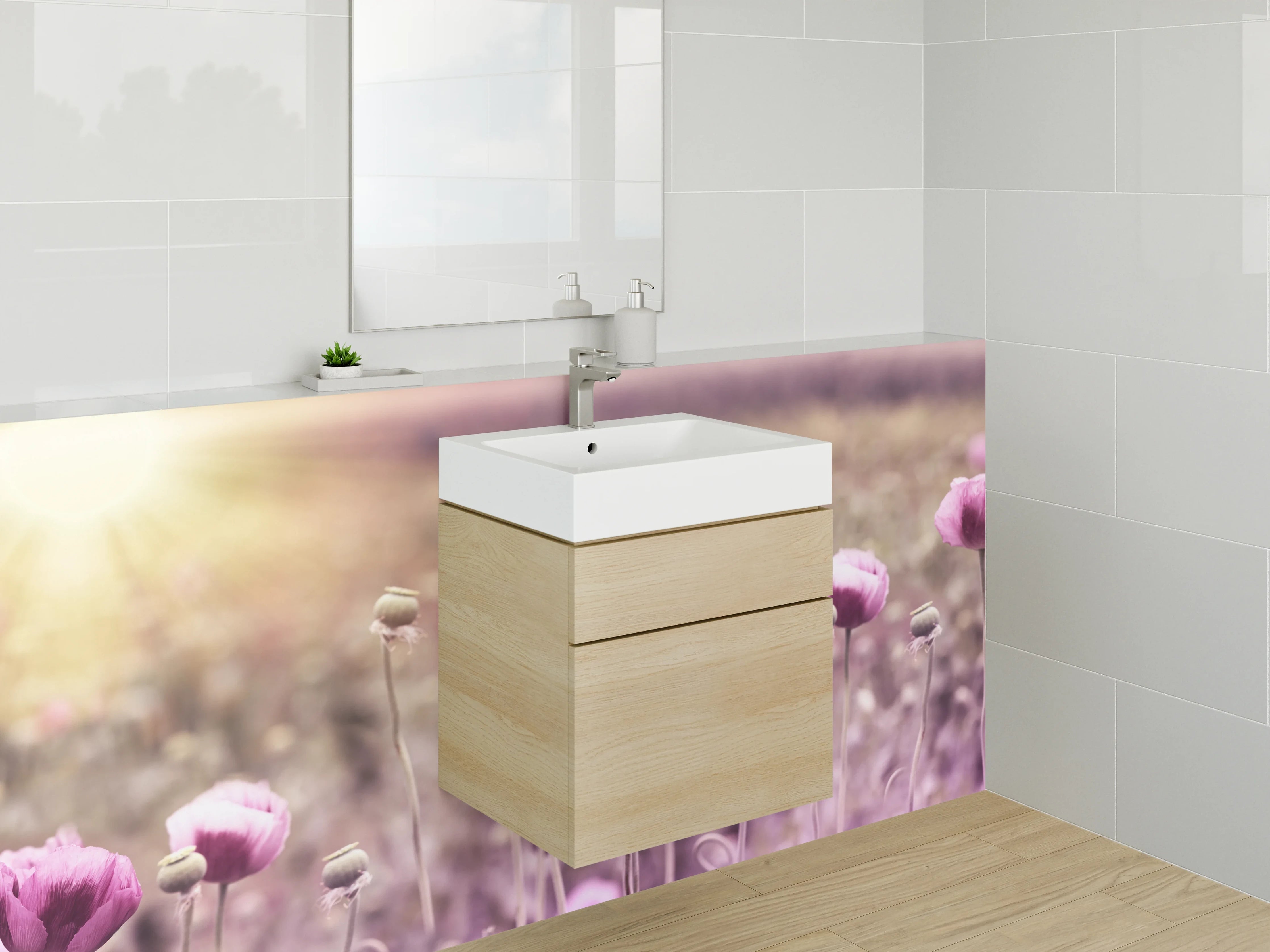 Waschbecken-Rückwand - Rosa Mohnblumen im Sonnenlicht Feld