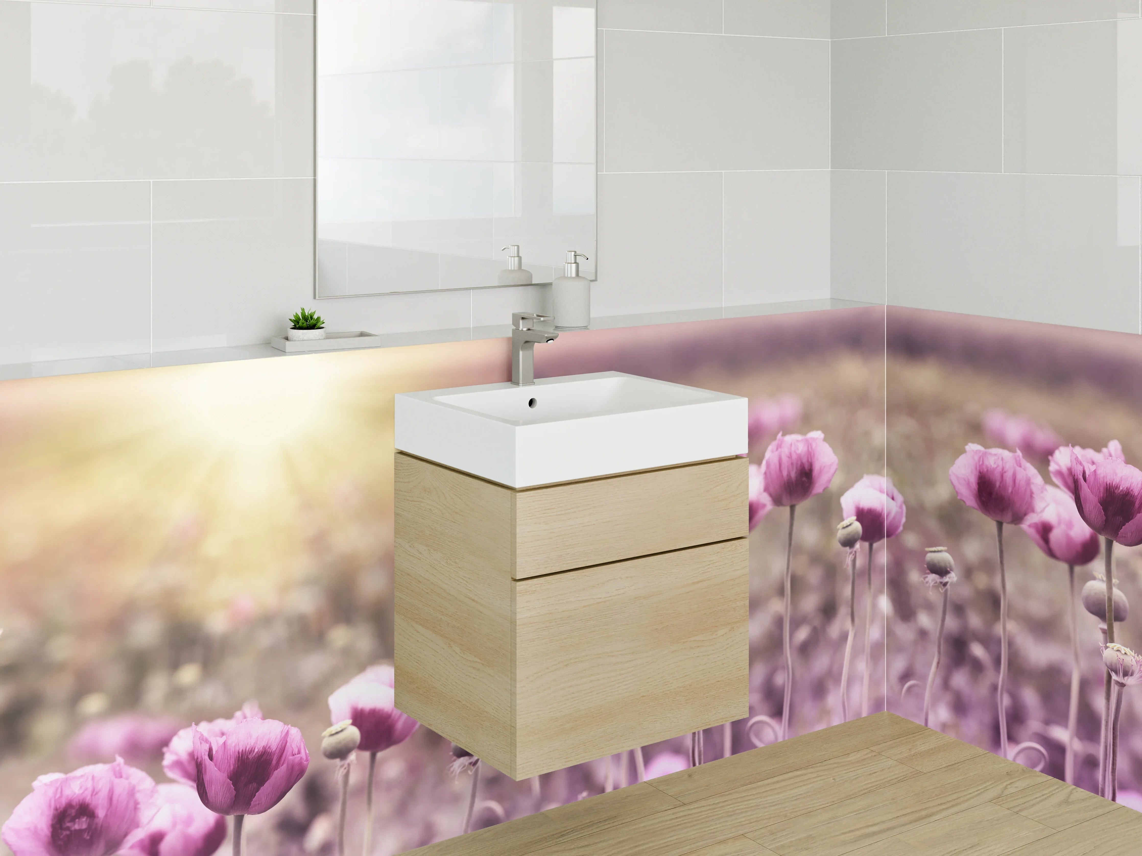 Waschbecken-Rückwand - Rosa Mohnblumen im Sonnenlicht Feld