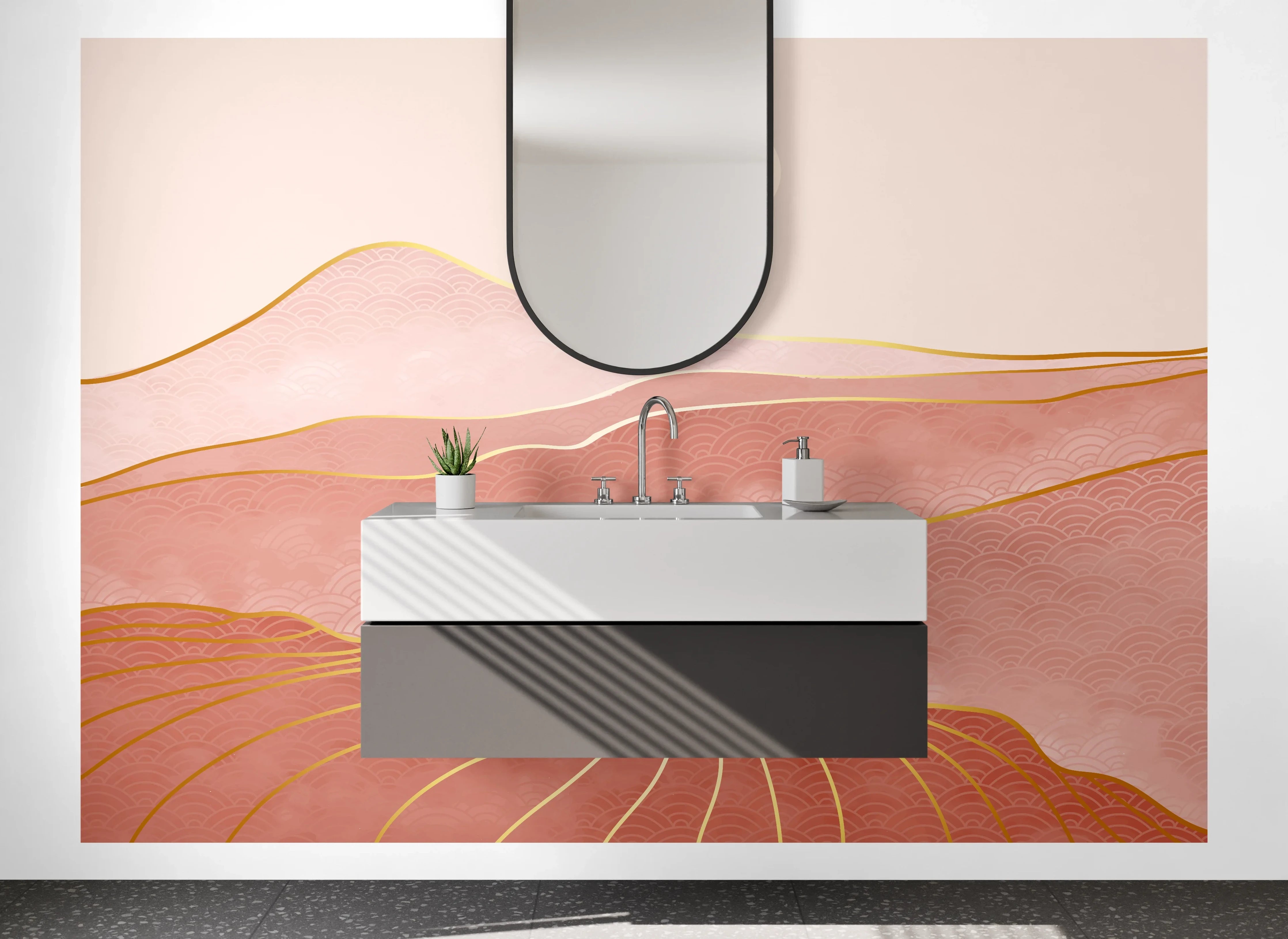 Waschbecken-Rückwand - Roségoldene Weite mit Silbergrau