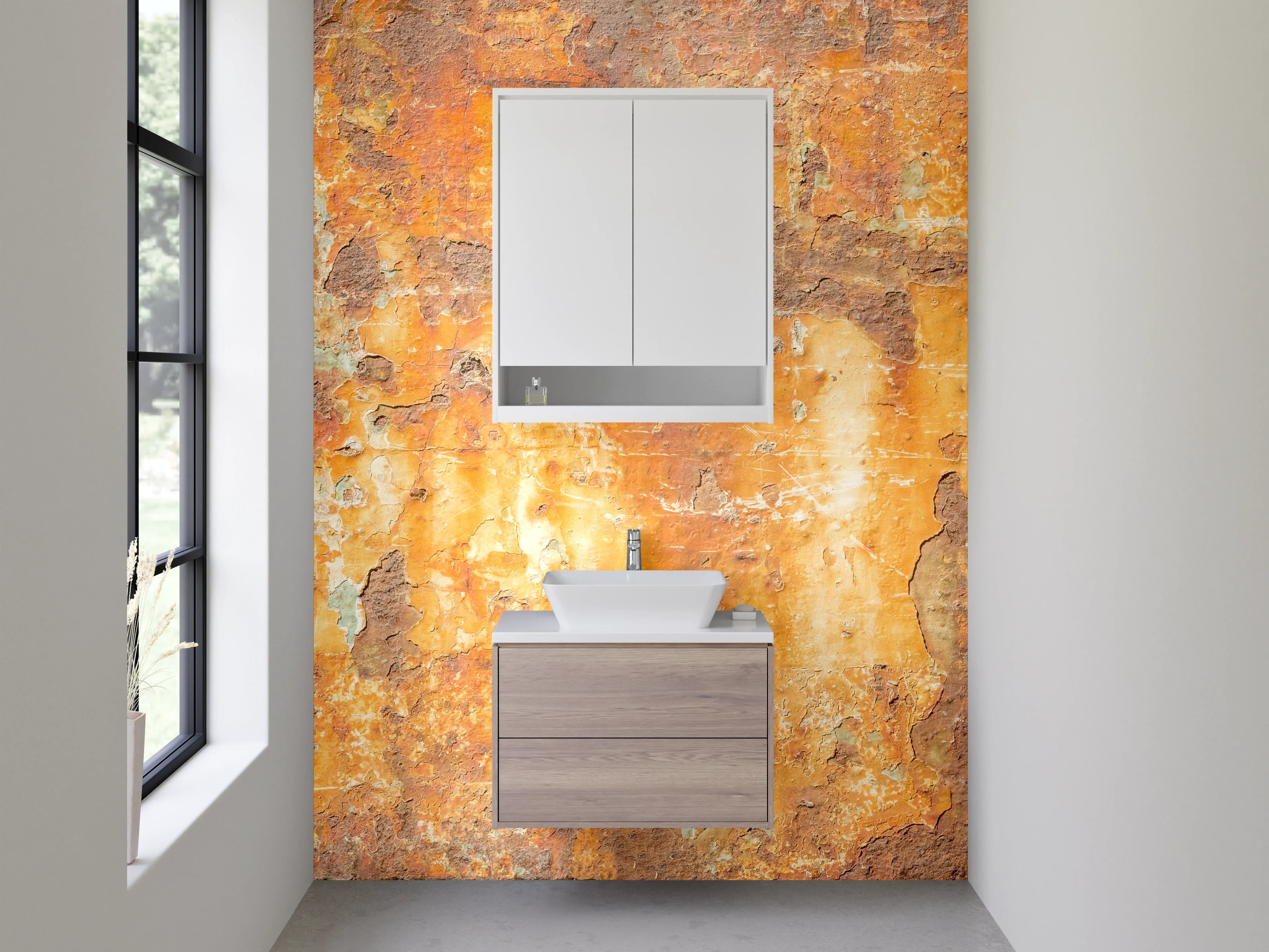 Waschbecken-Rückwand - Rostige Metallstruktur als Industrial-Dekor