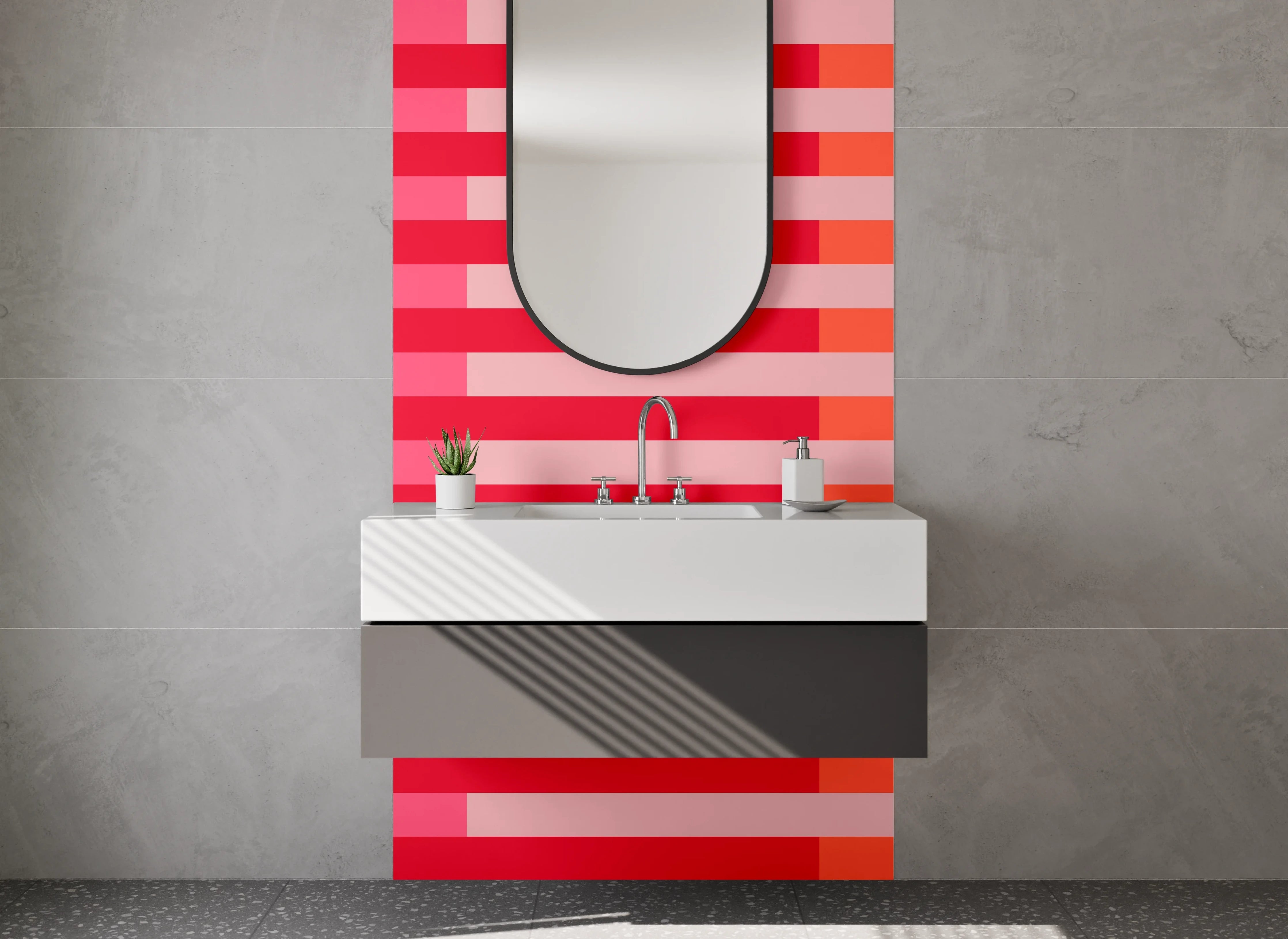 Waschbecken-Rückwand - Rot-orange Streifenmuster mit Linien