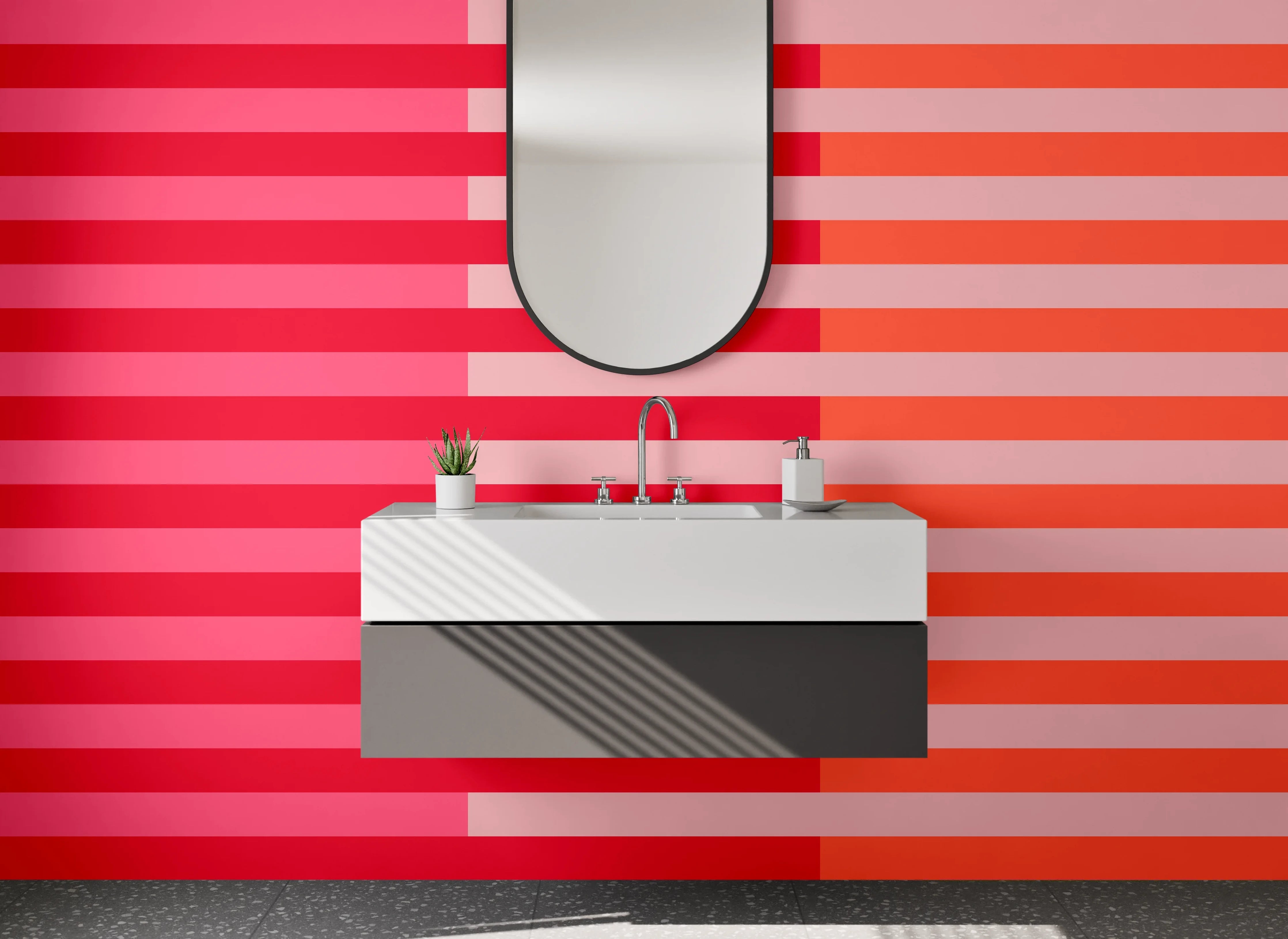 Waschbecken-Rückwand - Rot-orange Streifenmuster mit Linien