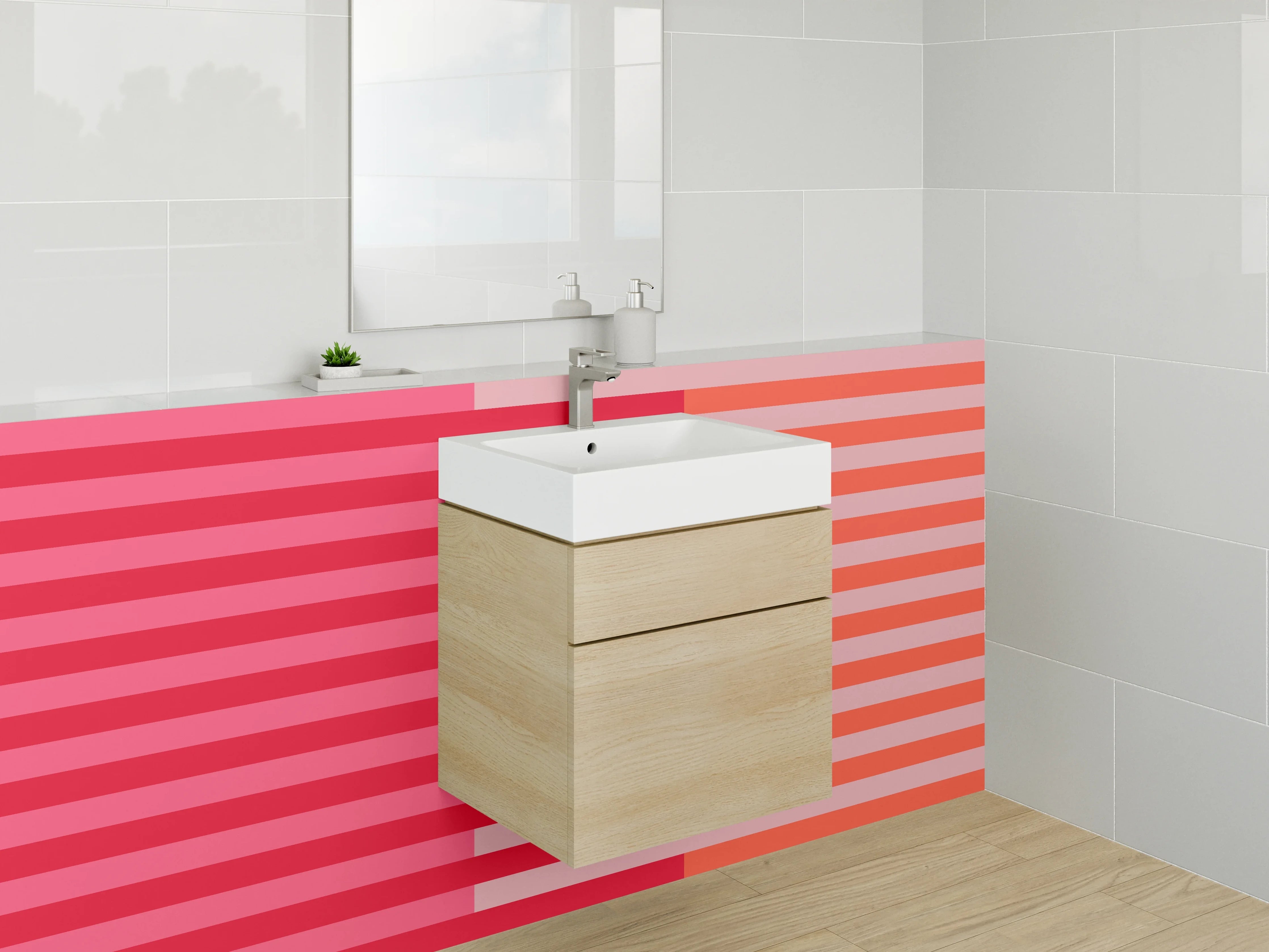 Waschbecken-Rückwand - Rot-orange Streifenmuster mit Linien