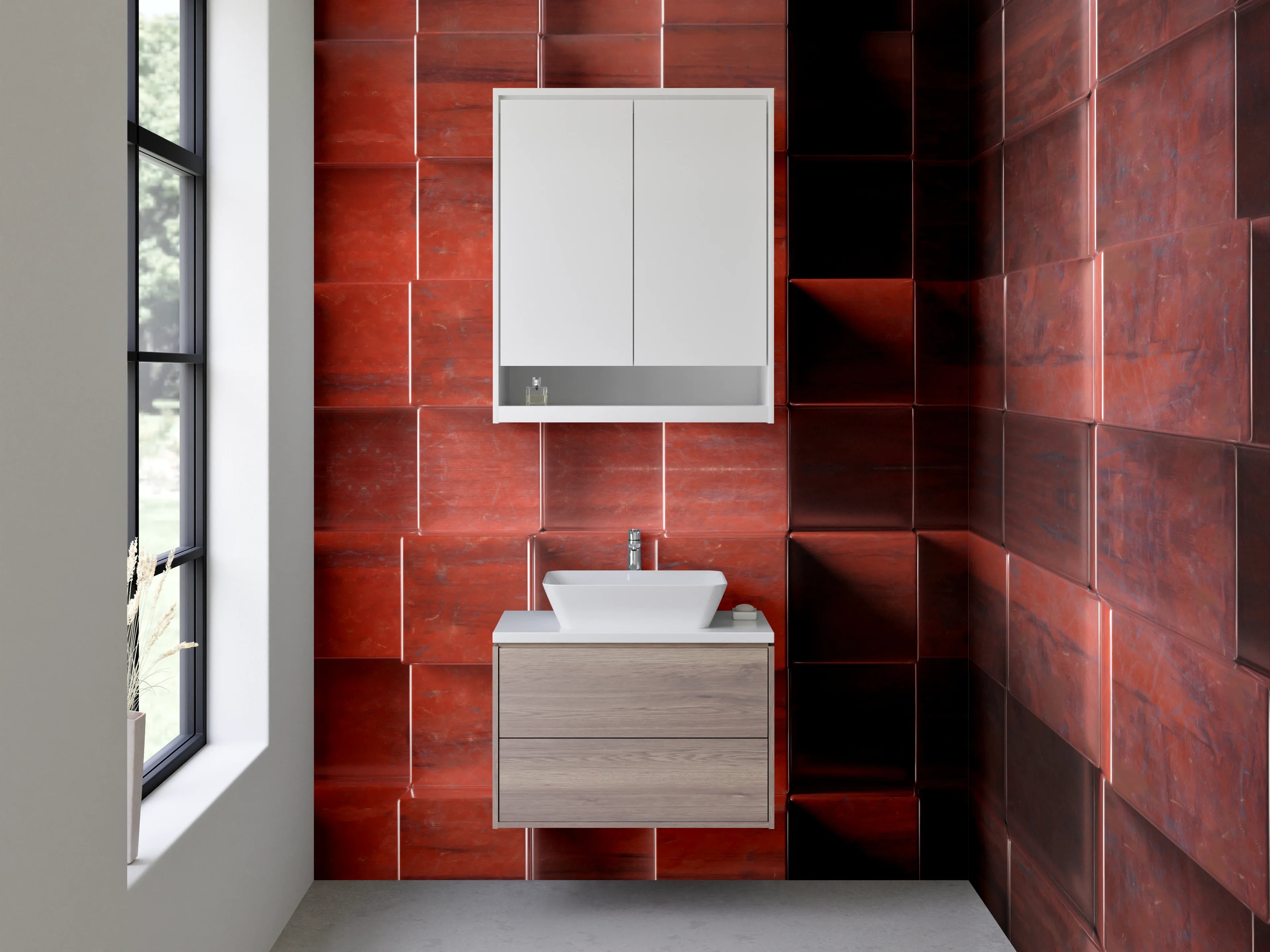 Waschbecken-Rückwand - Rote Holzleisten