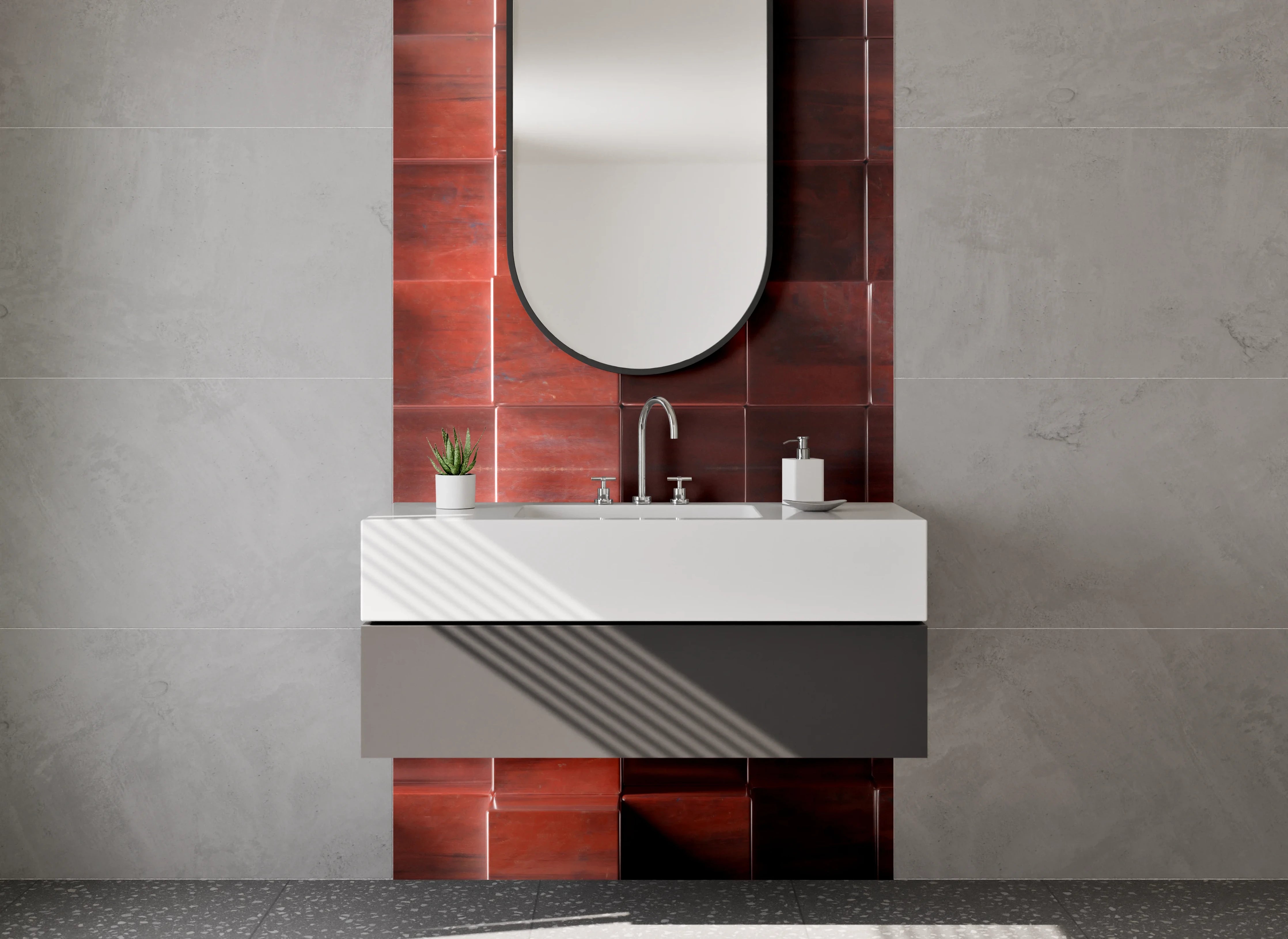 Waschbecken-Rückwand - Rote Holzleisten