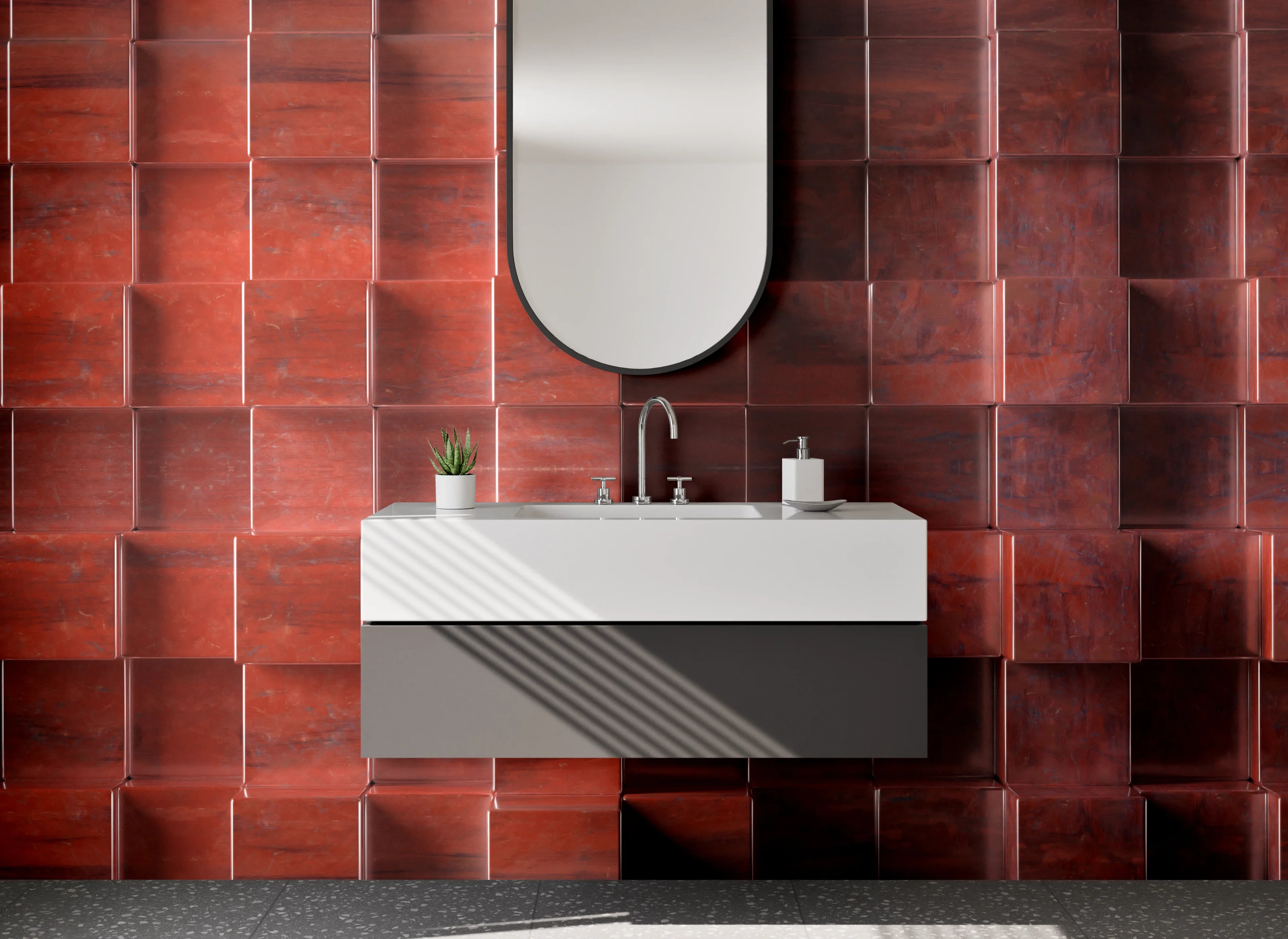 Waschbecken-Rückwand - Rote Holzleisten