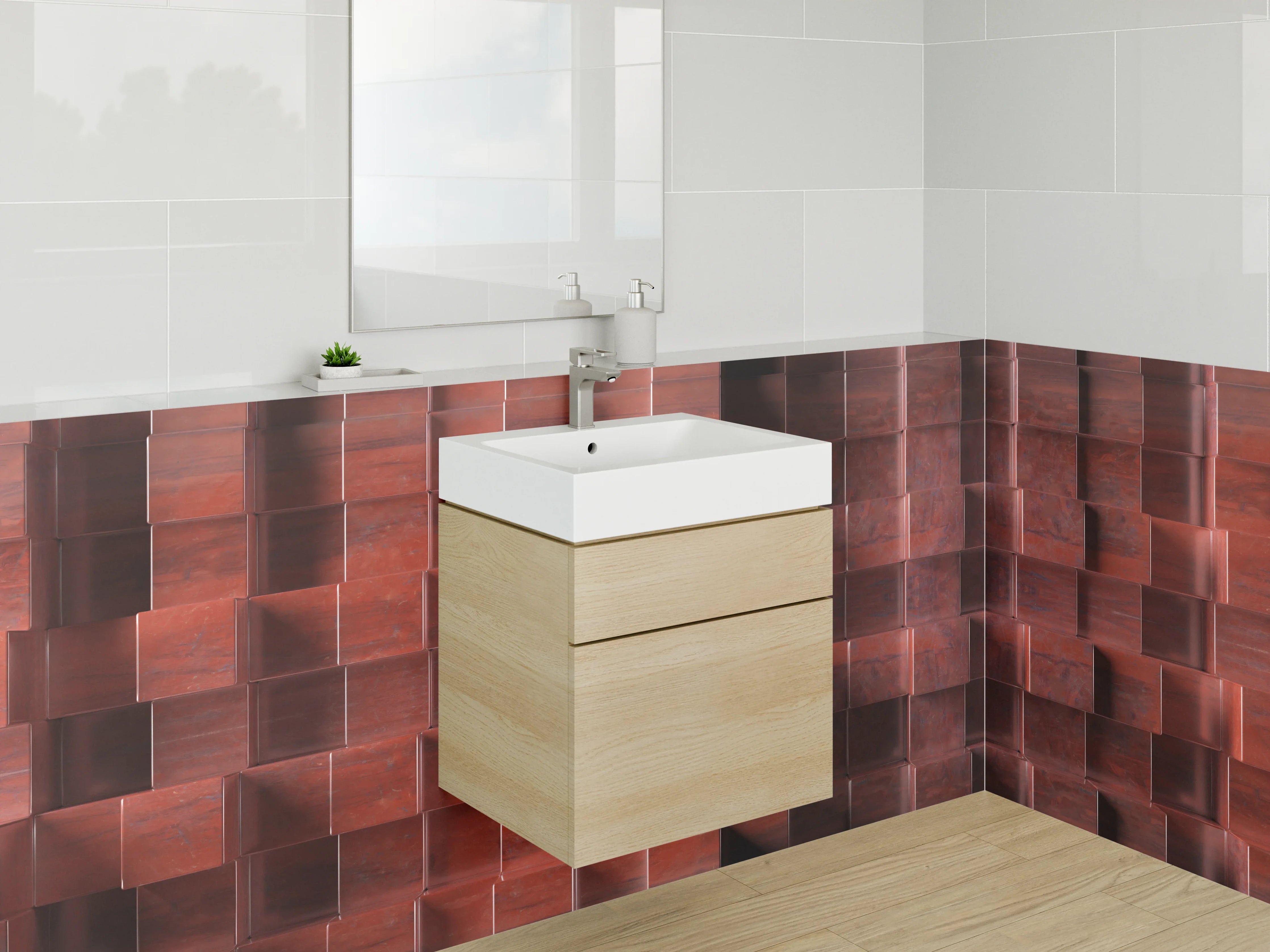 Waschbecken-Rückwand - Rote Holzleisten