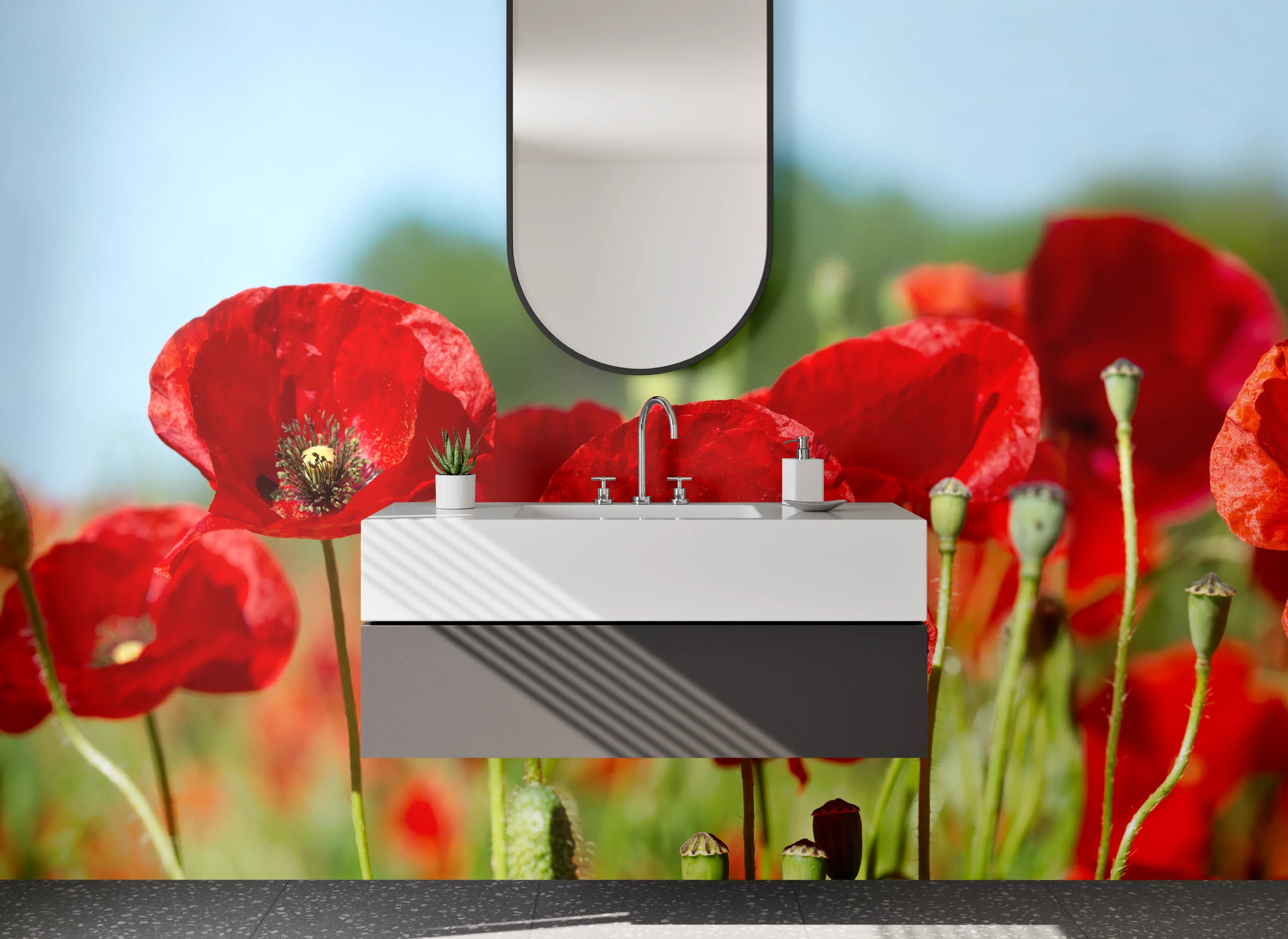 Waschbecken-Rückwand - Rote Mohnblumen auf Sommerwiese Panorama