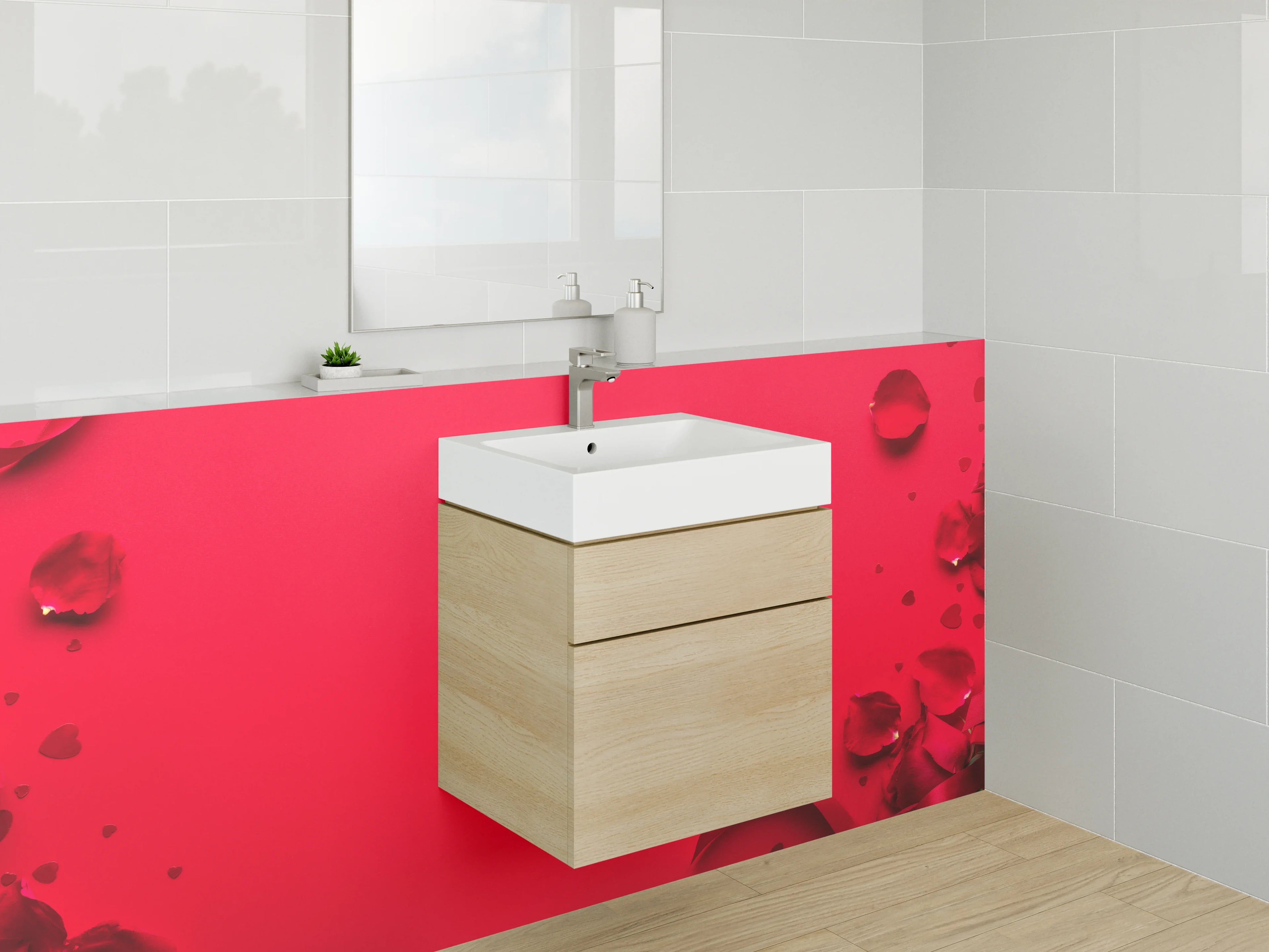 Waschbecken-Rückwand - Rote Rosenblätter auf Geschenk Hintergrund