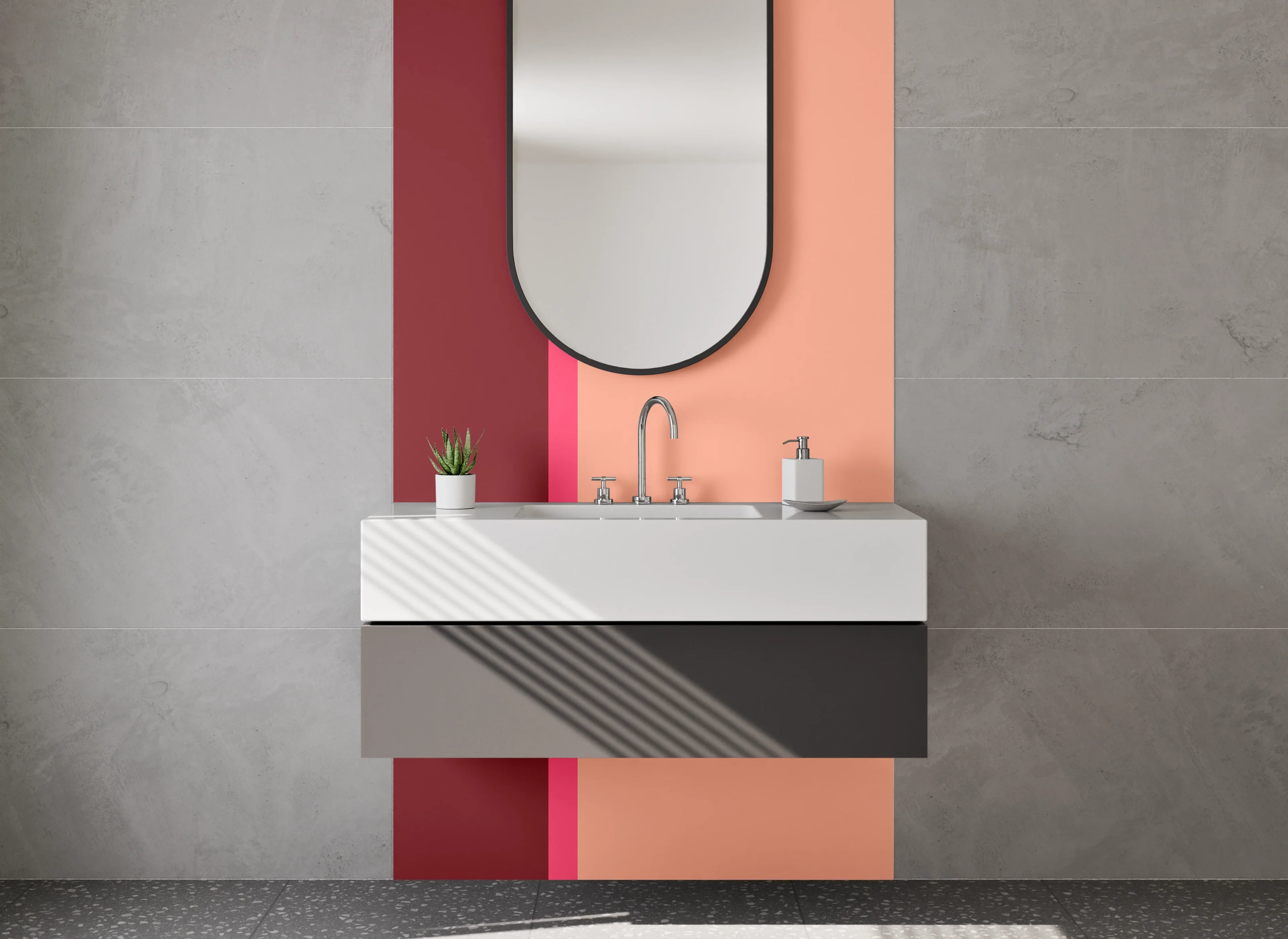 Waschbecken-Rückwand - Rote und peachfarbene Farbpalette