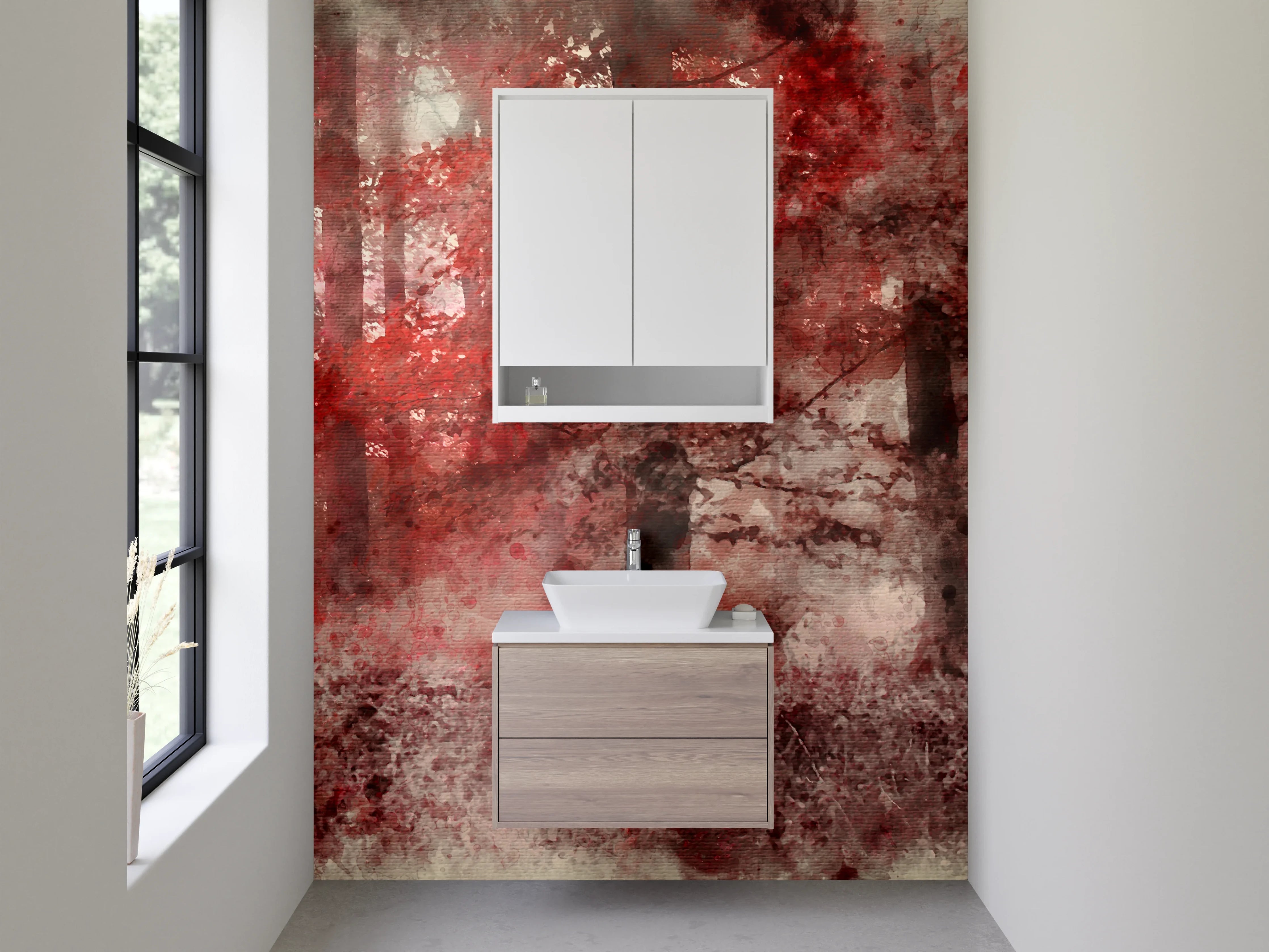 Waschbecken-Rückwand - Roter Aquarell-Wald als Kunst-Design