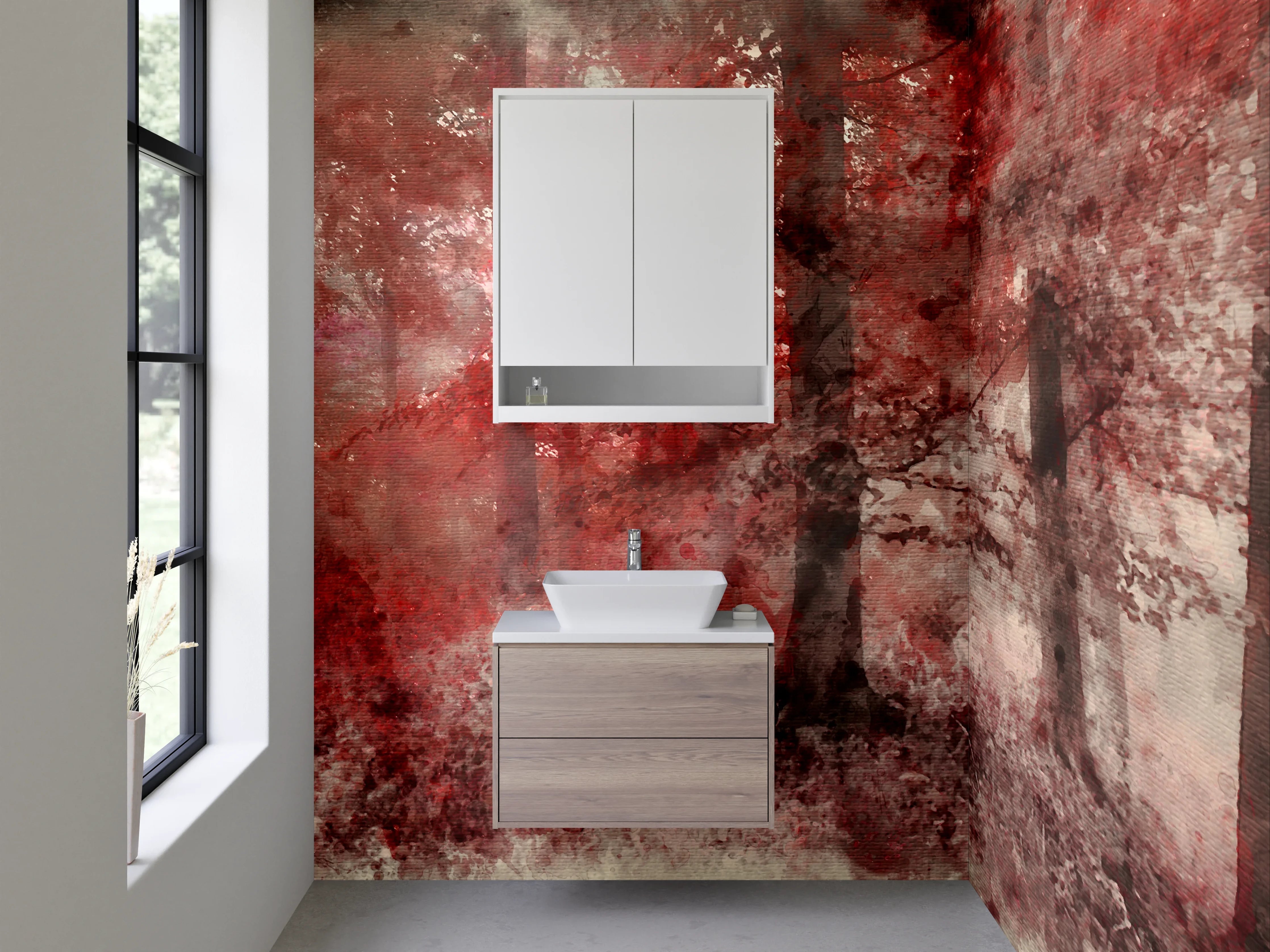Waschbecken-Rückwand - Roter Aquarell-Wald als Kunst-Design