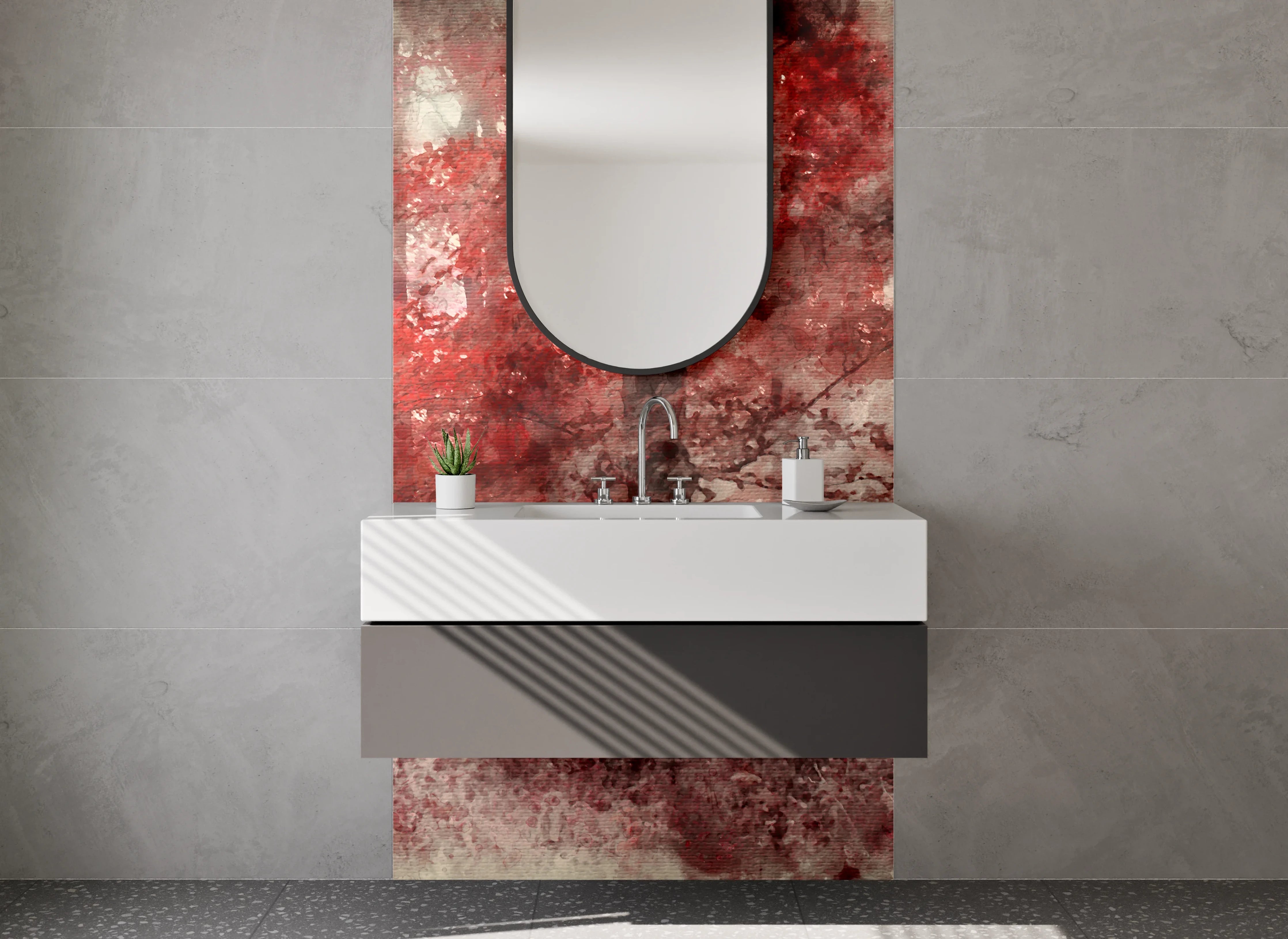 Waschbecken-Rückwand - Roter Aquarell-Wald als Kunst-Design