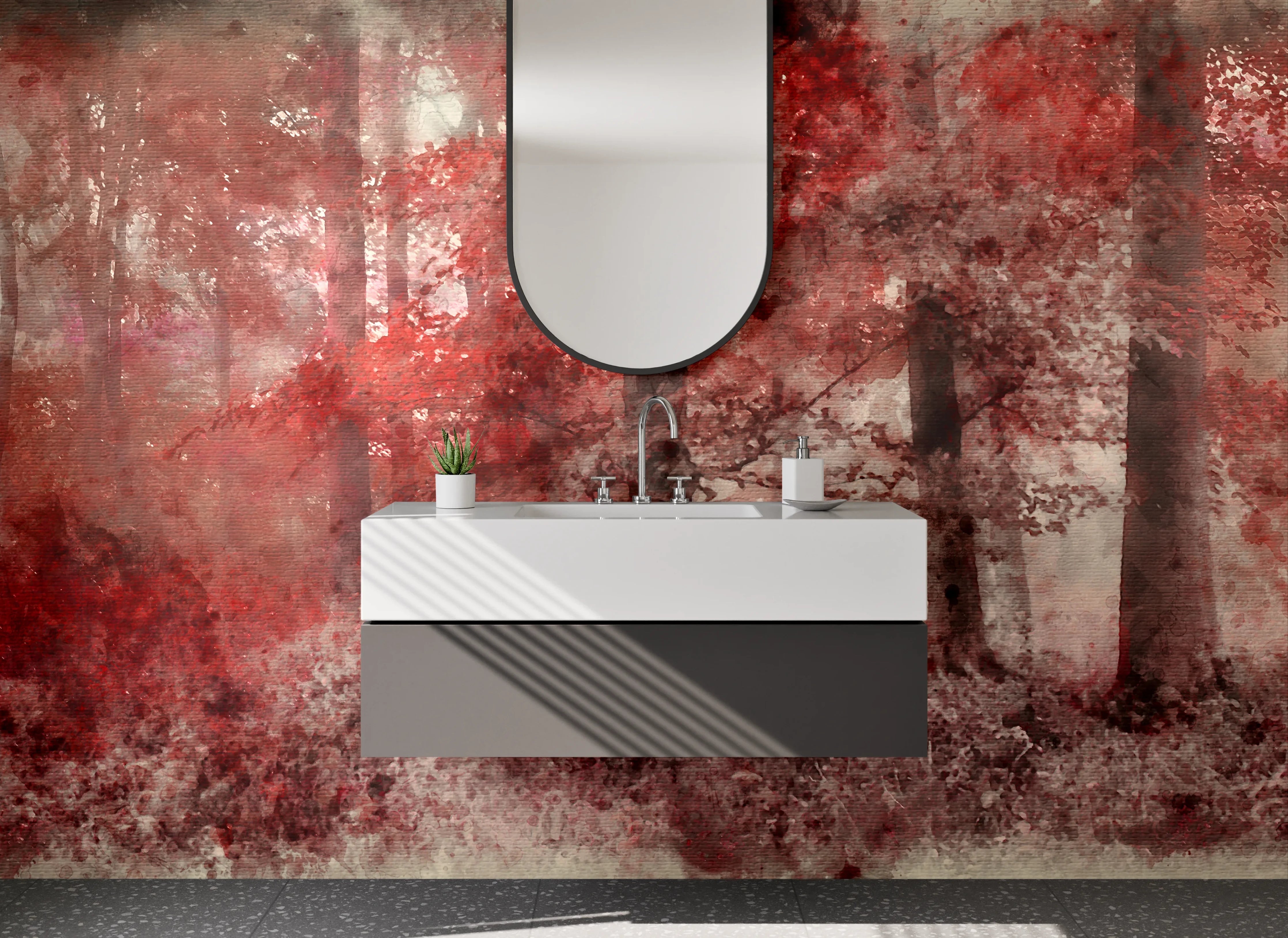 Waschbecken-Rückwand - Roter Aquarell-Wald als Kunst-Design