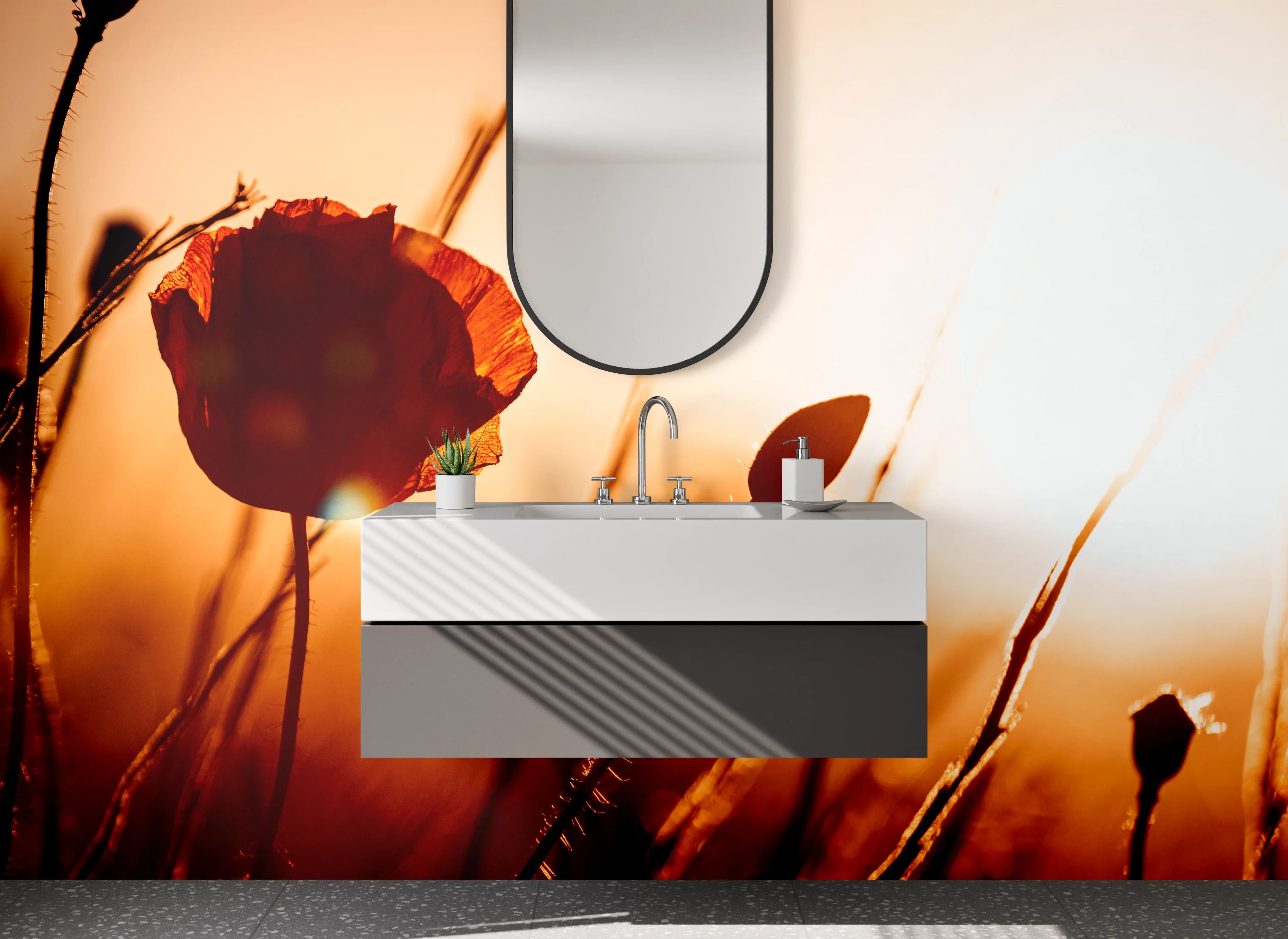 Waschbecken-Rückwand - Roter Mohn im Sonnenuntergang