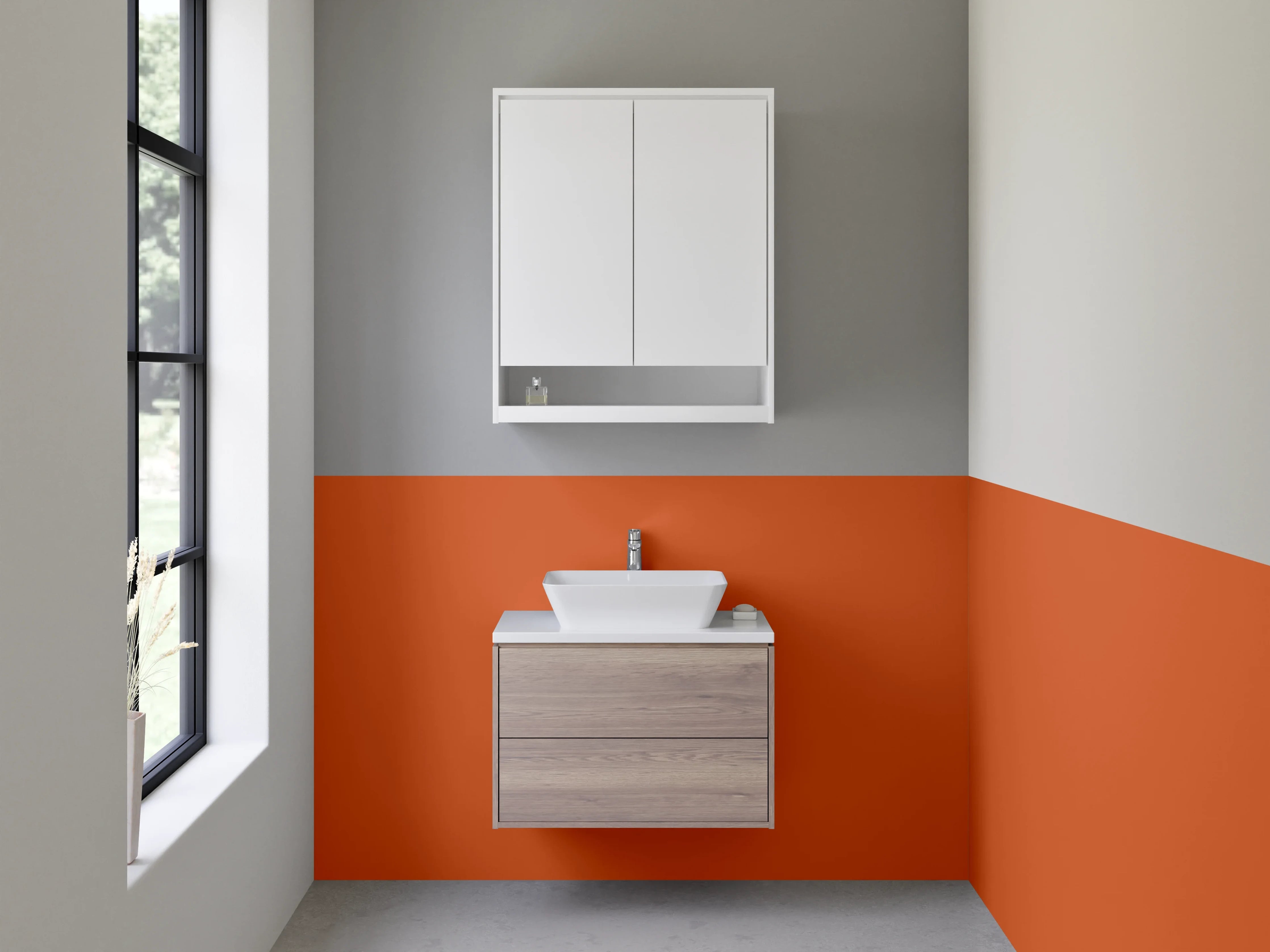 Waschbecken-Rückwand - Rotorange mit Grau-Glanz