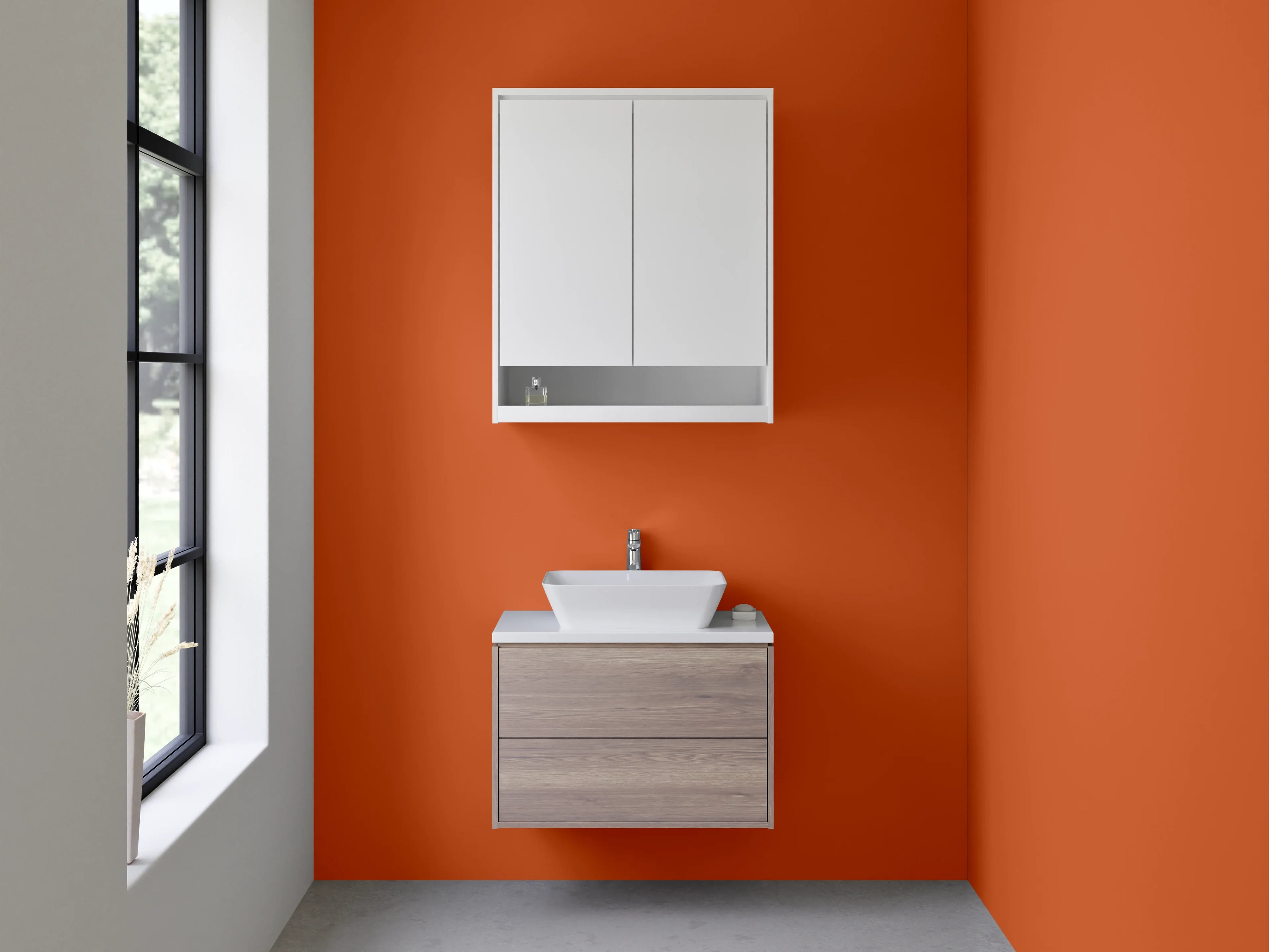 Waschbecken-Rückwand - Rotorange mit Grau-Glanz