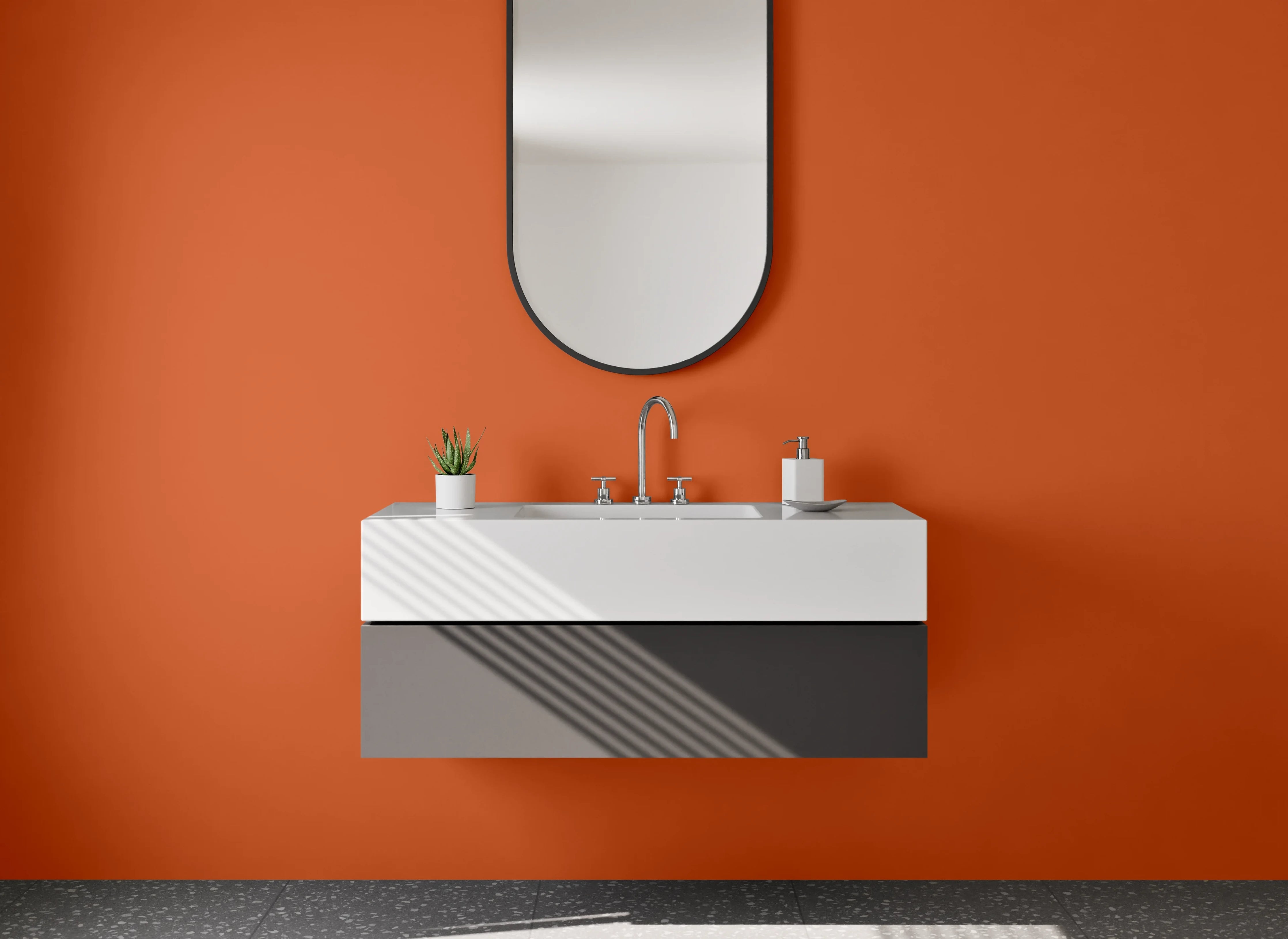 Waschbecken-Rückwand - Rotorange mit Grau-Glanz