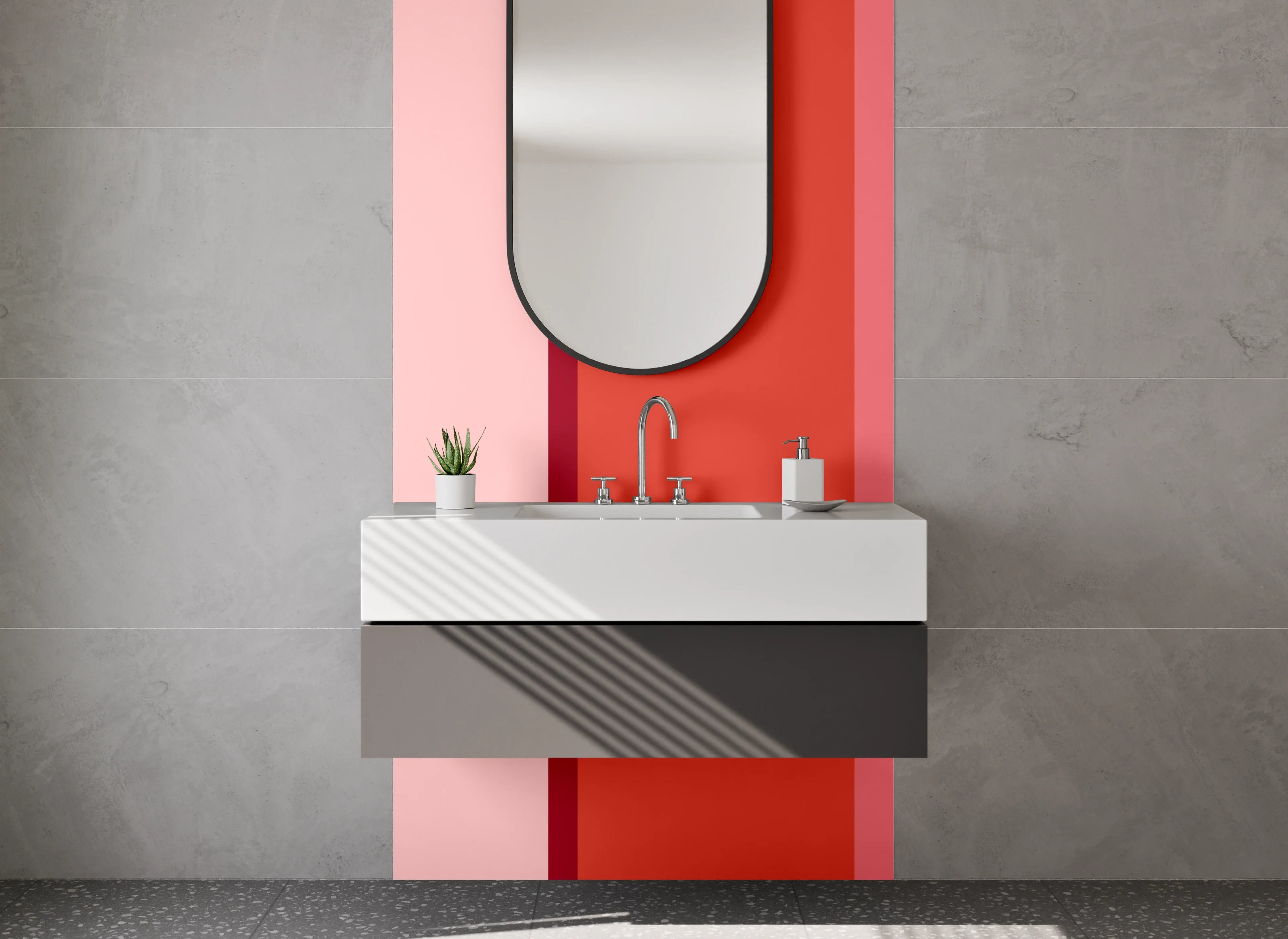 Waschbecken-Rückwand - Rottöne und Pastelltöne in abstrakter Farbgestaltung