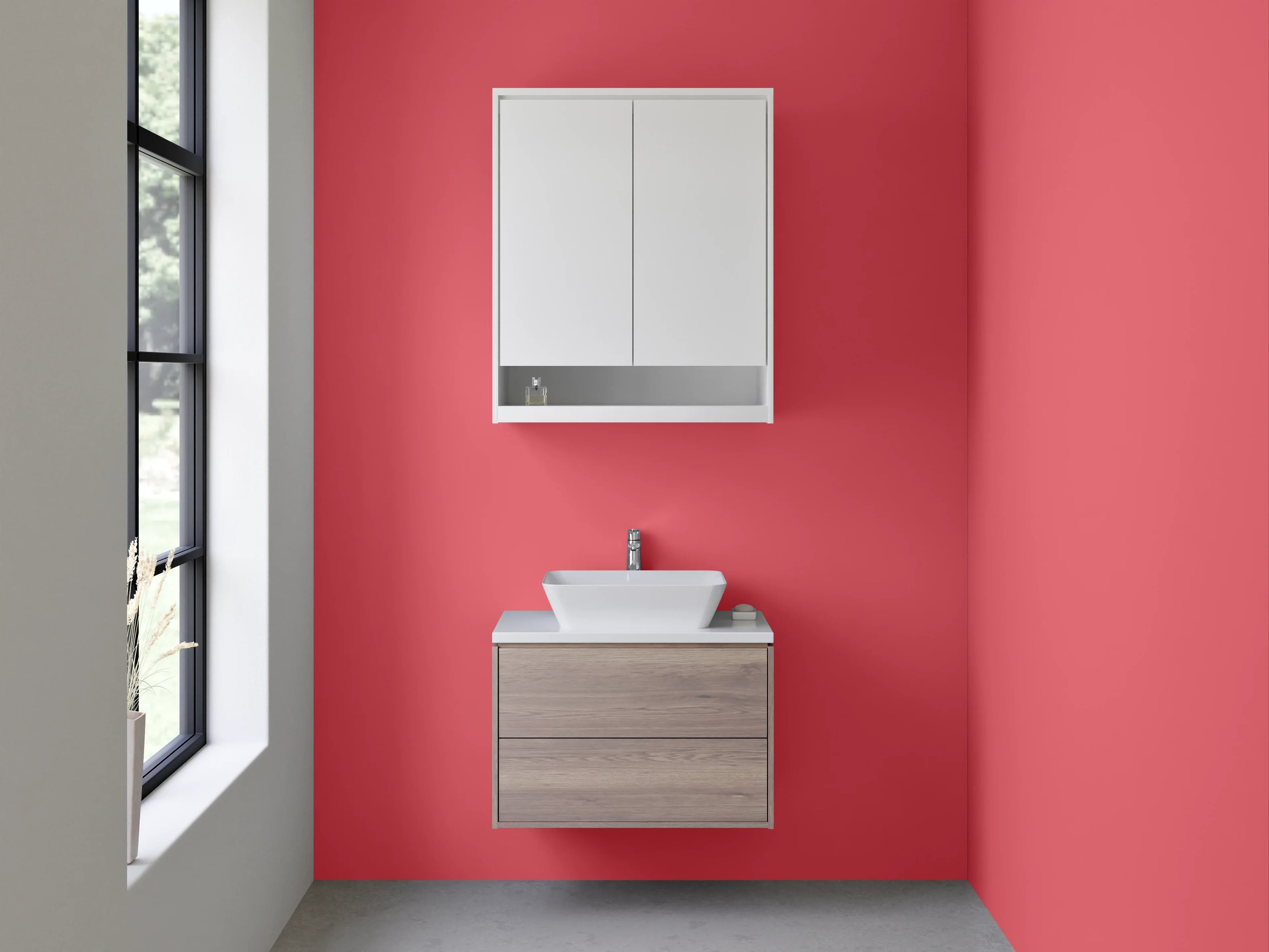 Waschbecken-Rückwand - Rubinrot mit Grauflair