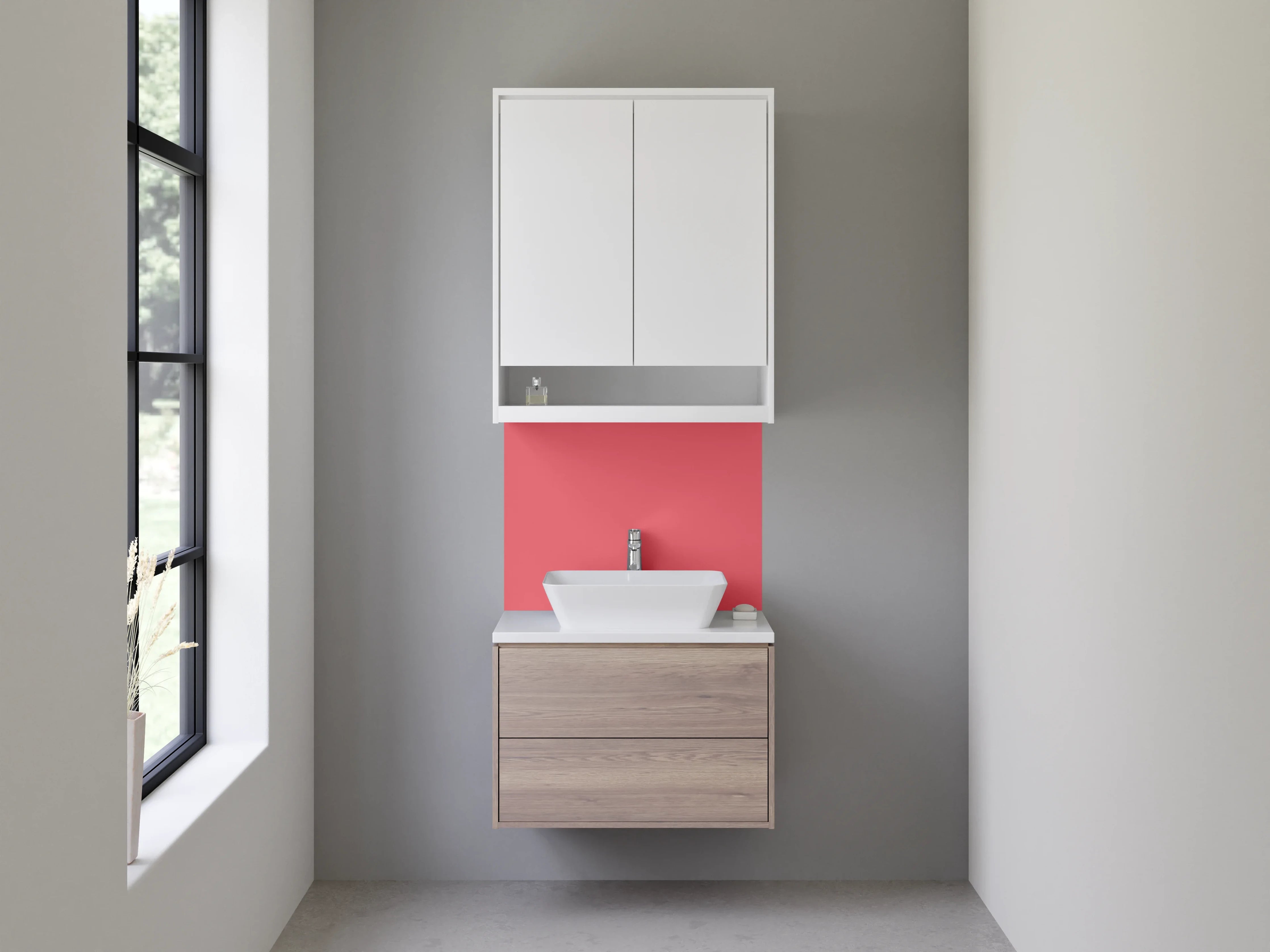 Waschbecken-Rückwand - Rubinrot mit Grauflair