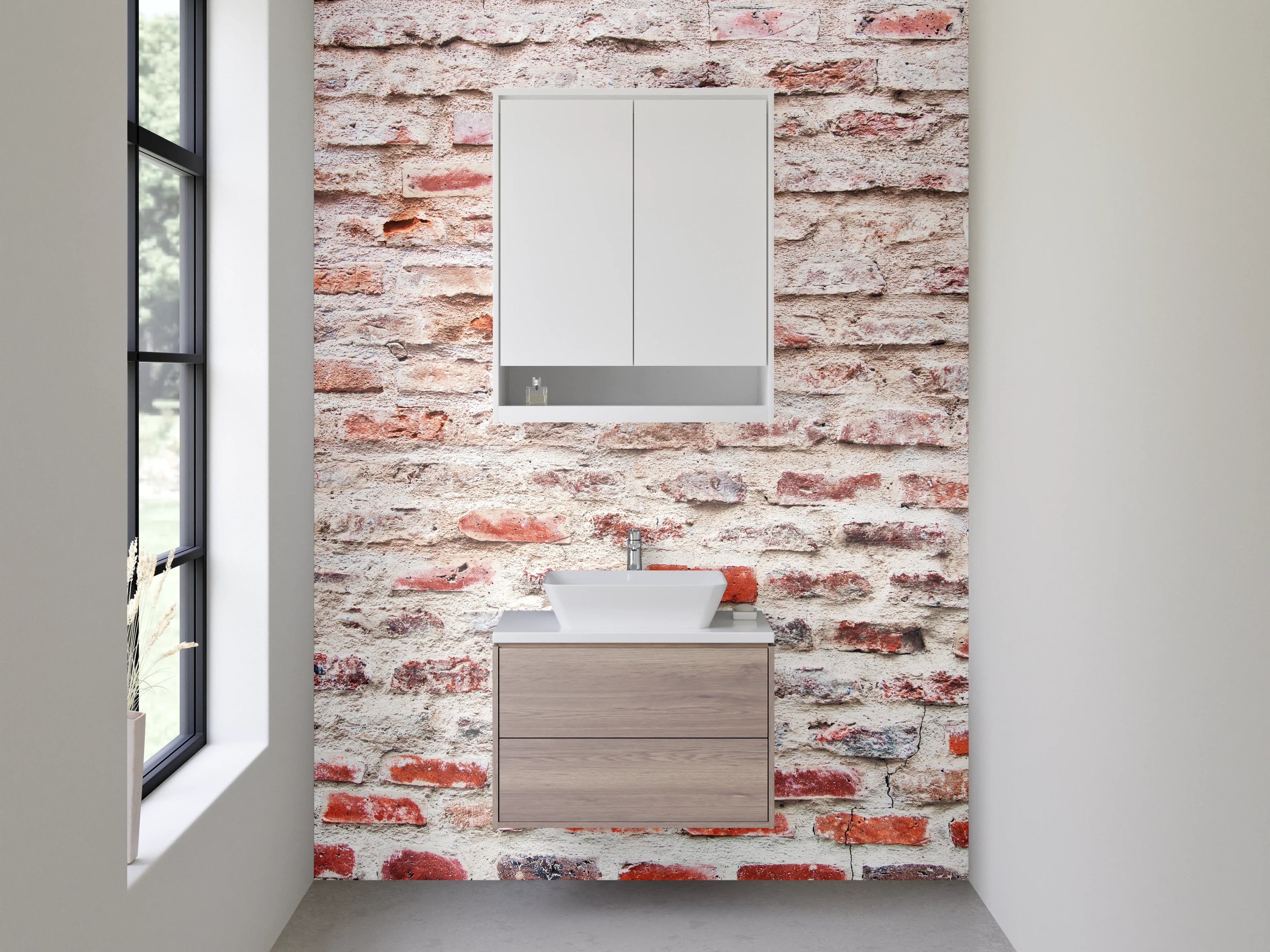 Waschbecken-Rückwand - Rustikale Backsteinwand in Weiß und Rot