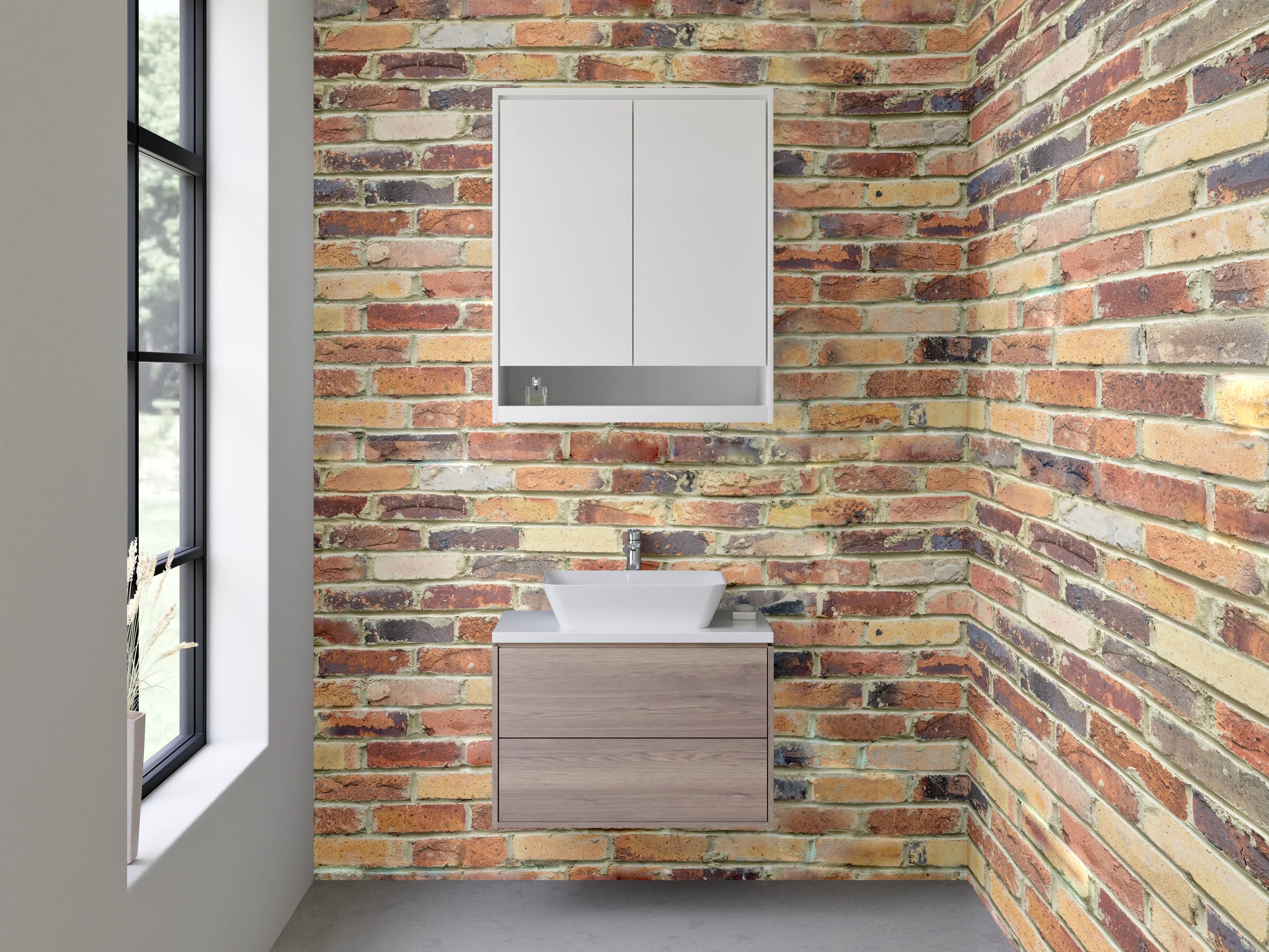 Waschbecken-Rückwand - Rustikale Backsteinwand mit warmen Tönen