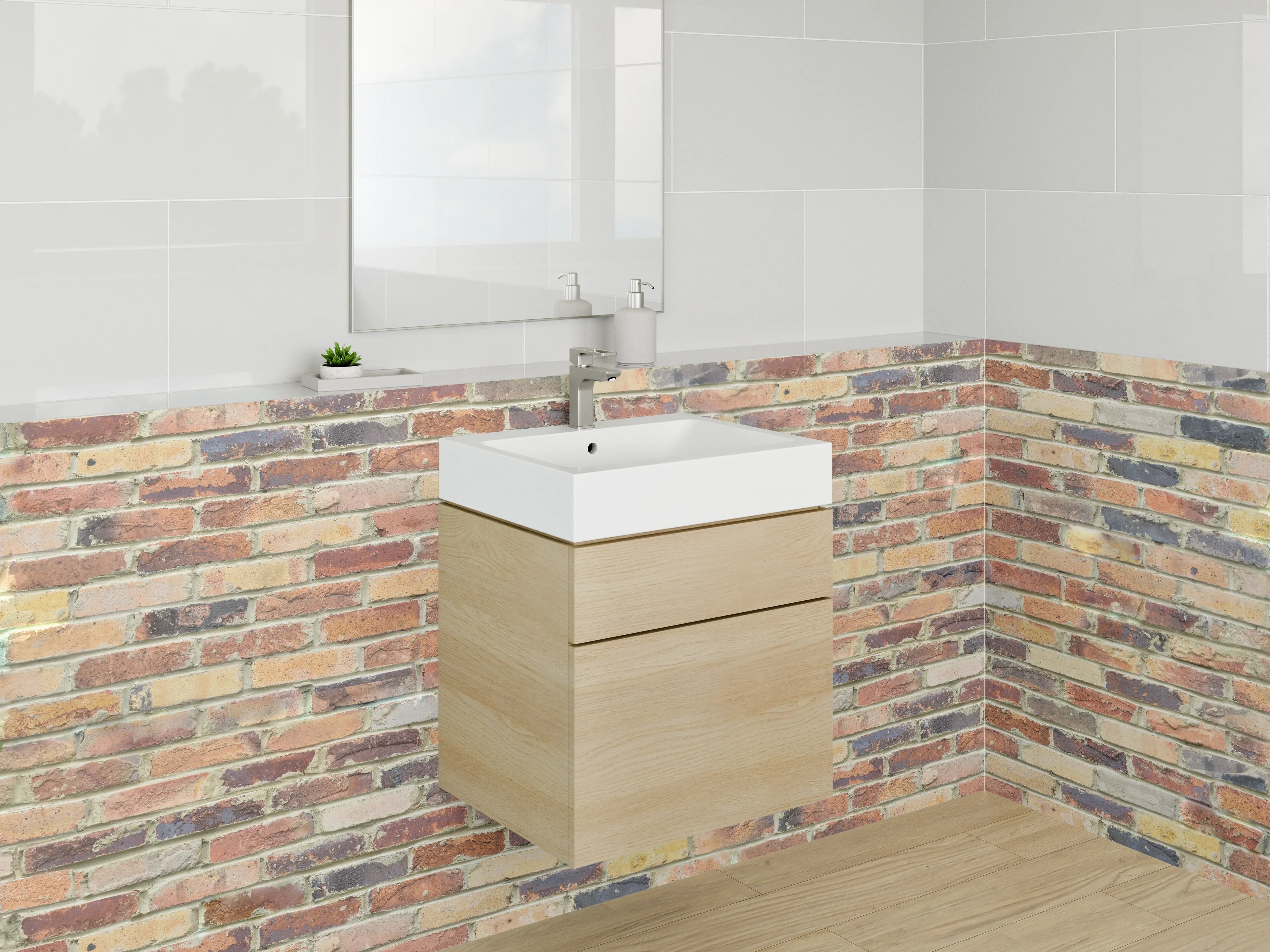 Waschbecken-Rückwand - Rustikale Backsteinwand mit warmen Tönen