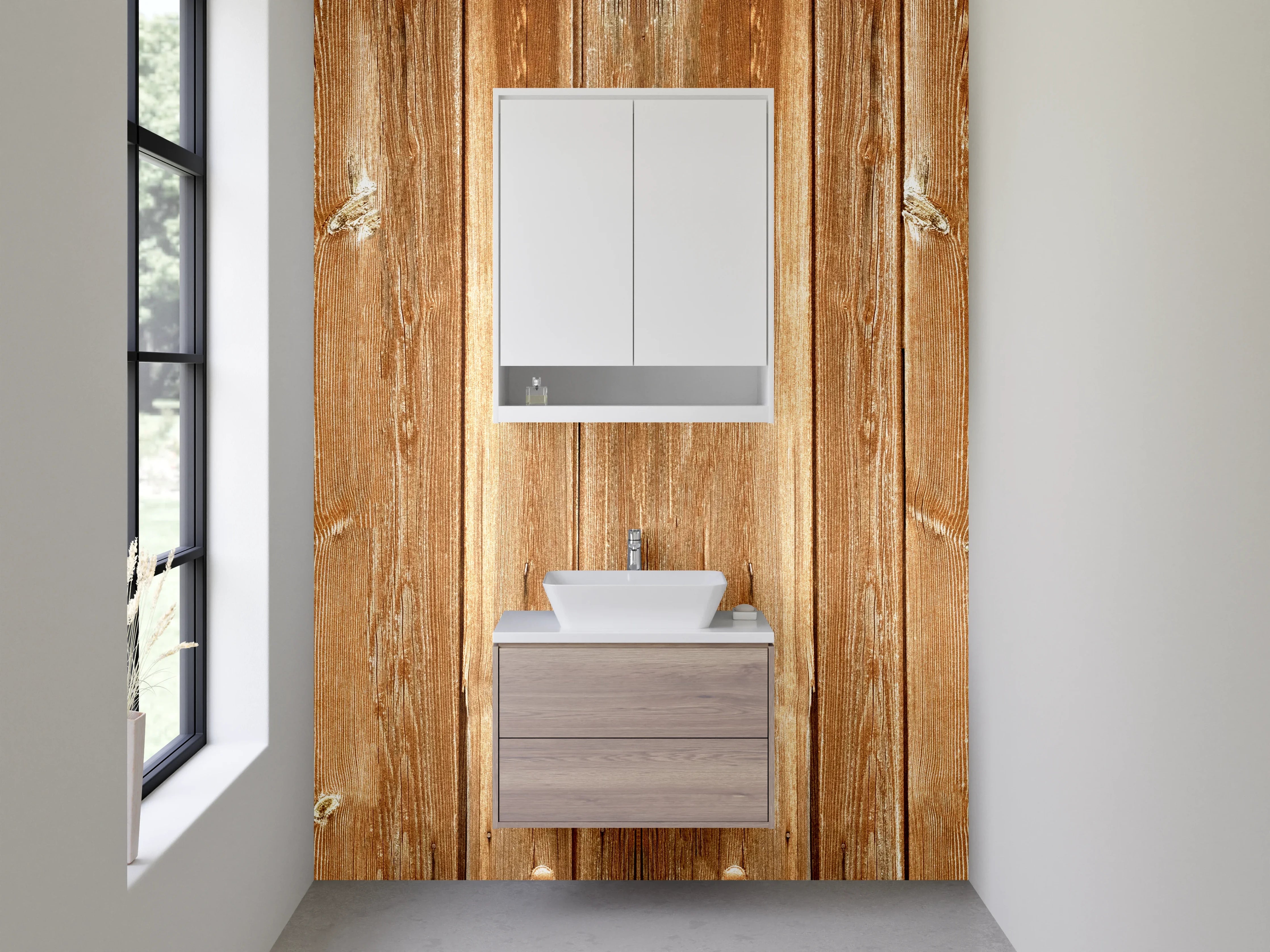 Waschbecken-Rückwand - Rustikale Holz-Optik als Wandverkleidung