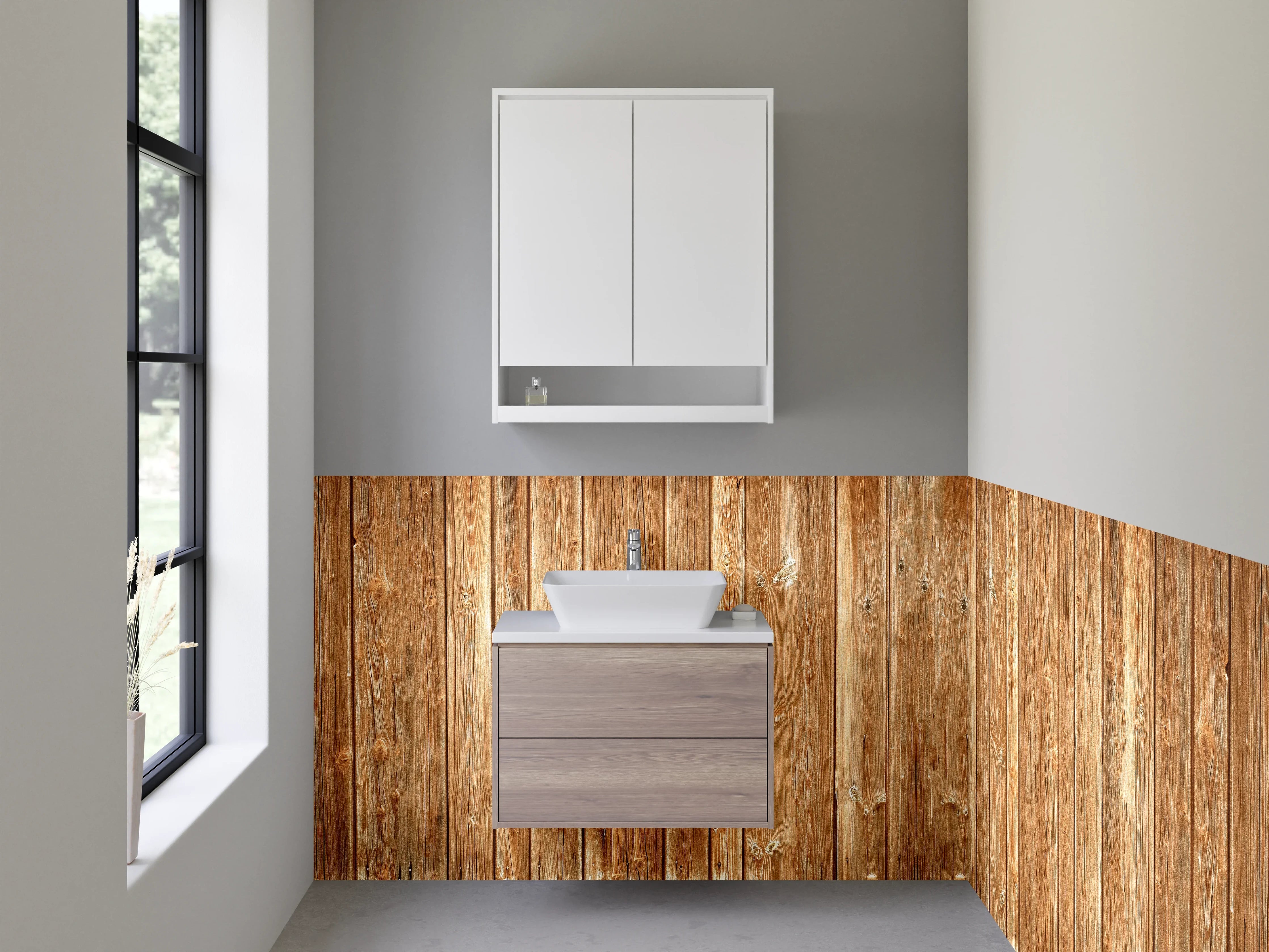 Waschbecken-Rückwand - Rustikale Holz-Optik als Wandverkleidung
