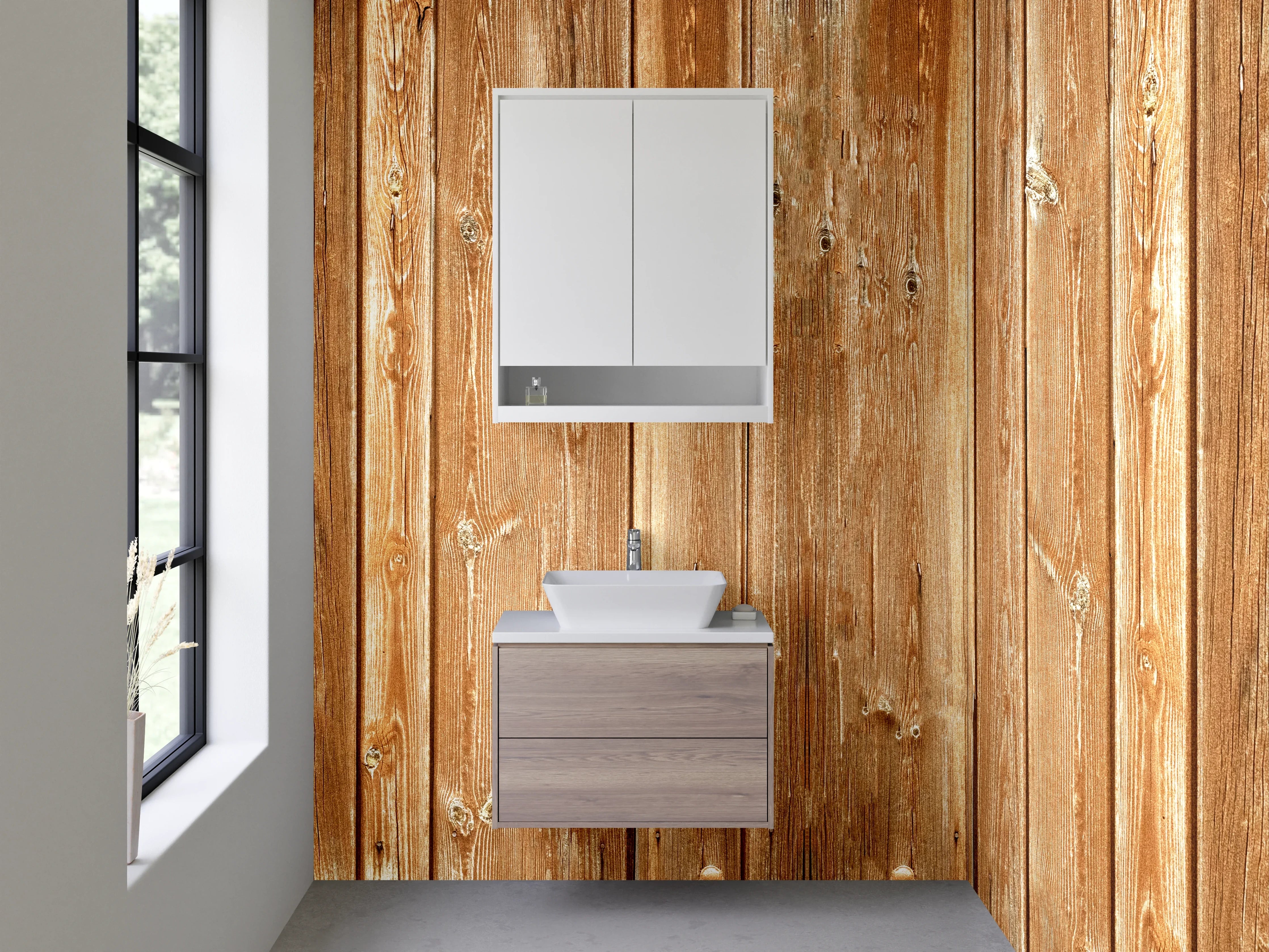 Waschbecken-Rückwand - Rustikale Holz-Optik als Wandverkleidung