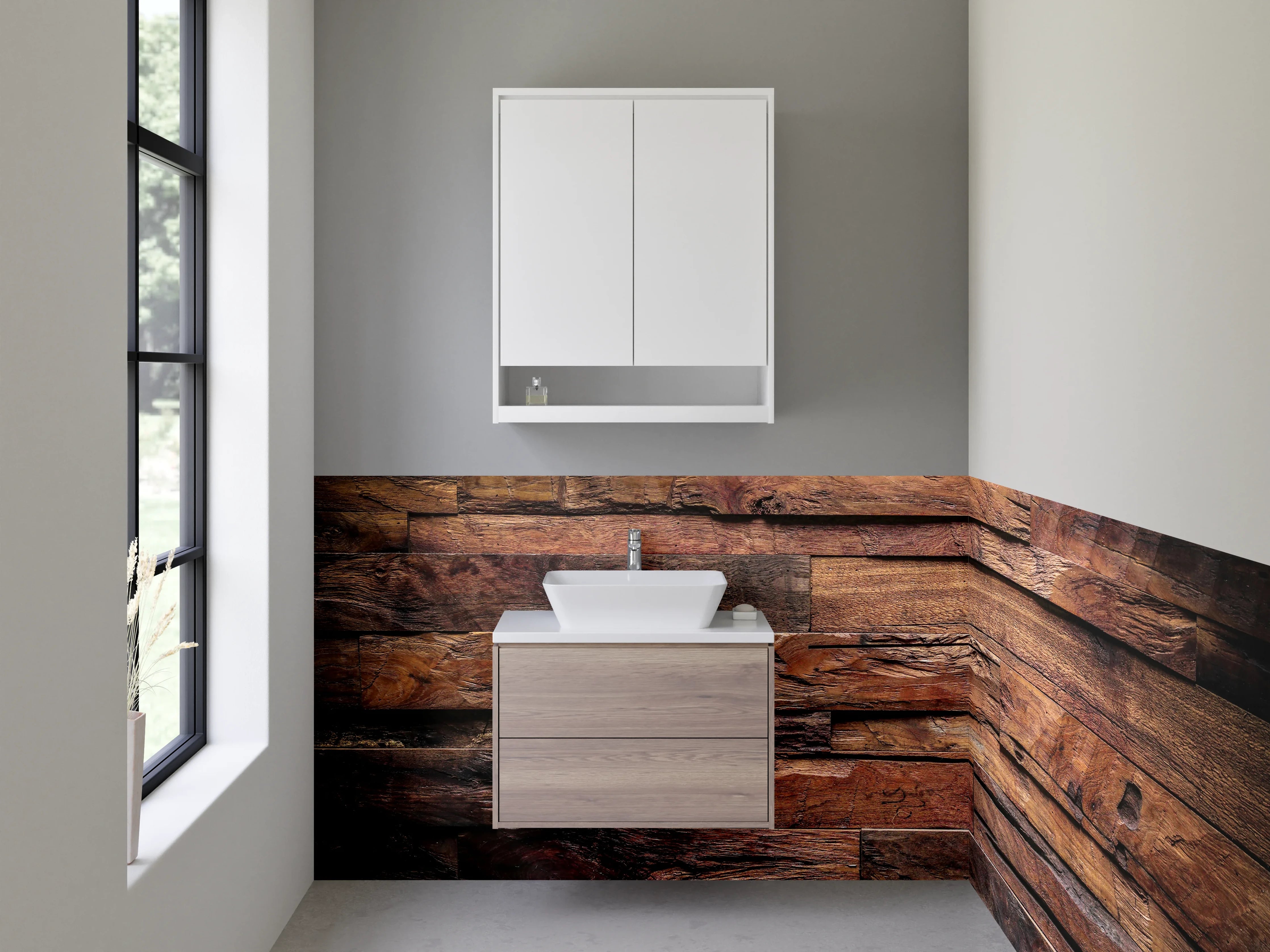 Waschbecken-Rückwand - Rustikale Holz-Wandverkleidung Braun