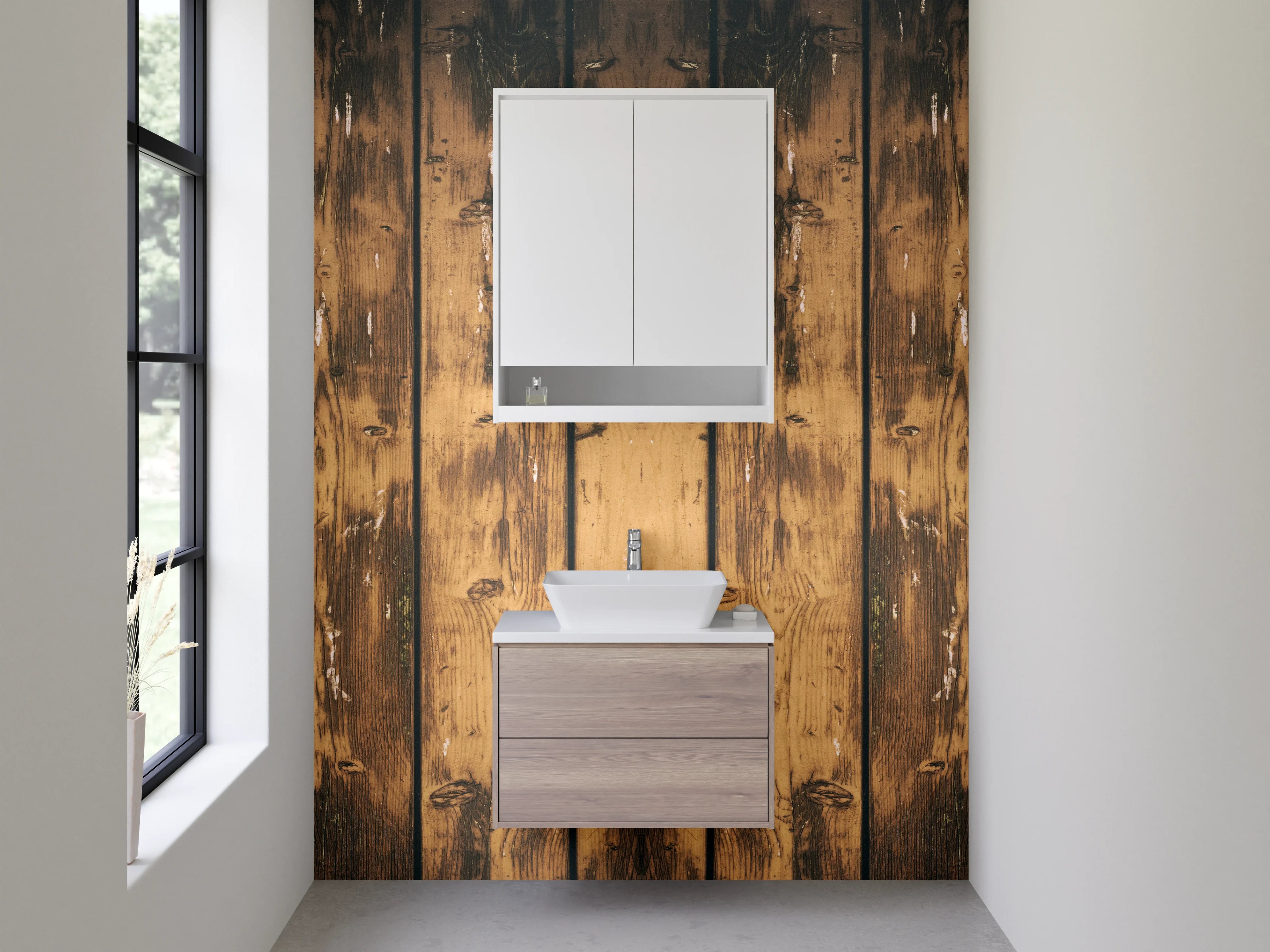 Waschbecken-Rückwand - Rustikale Holzbohlen Optik Braun