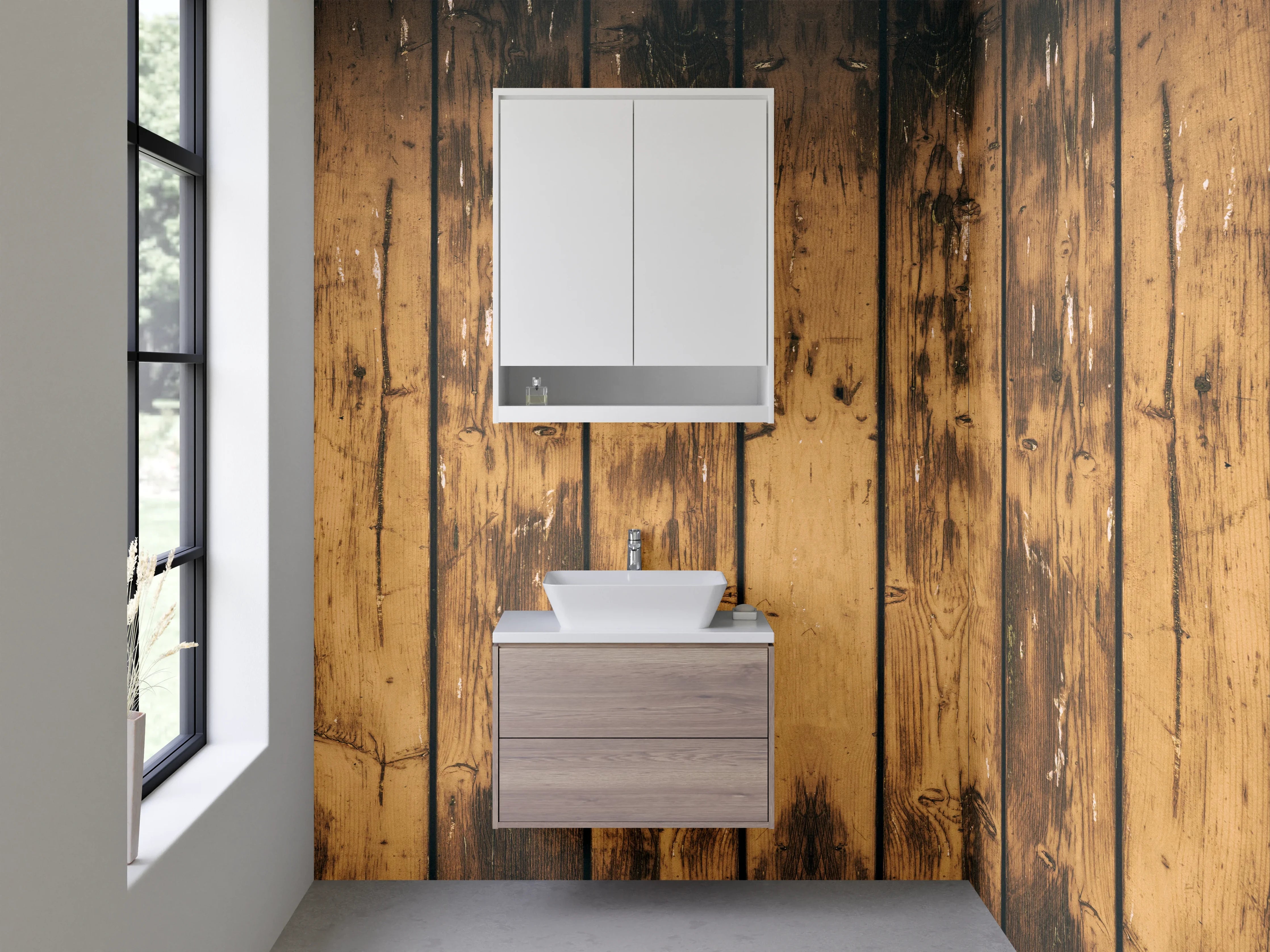 Waschbecken-Rückwand - Rustikale Holzbohlen Optik Braun