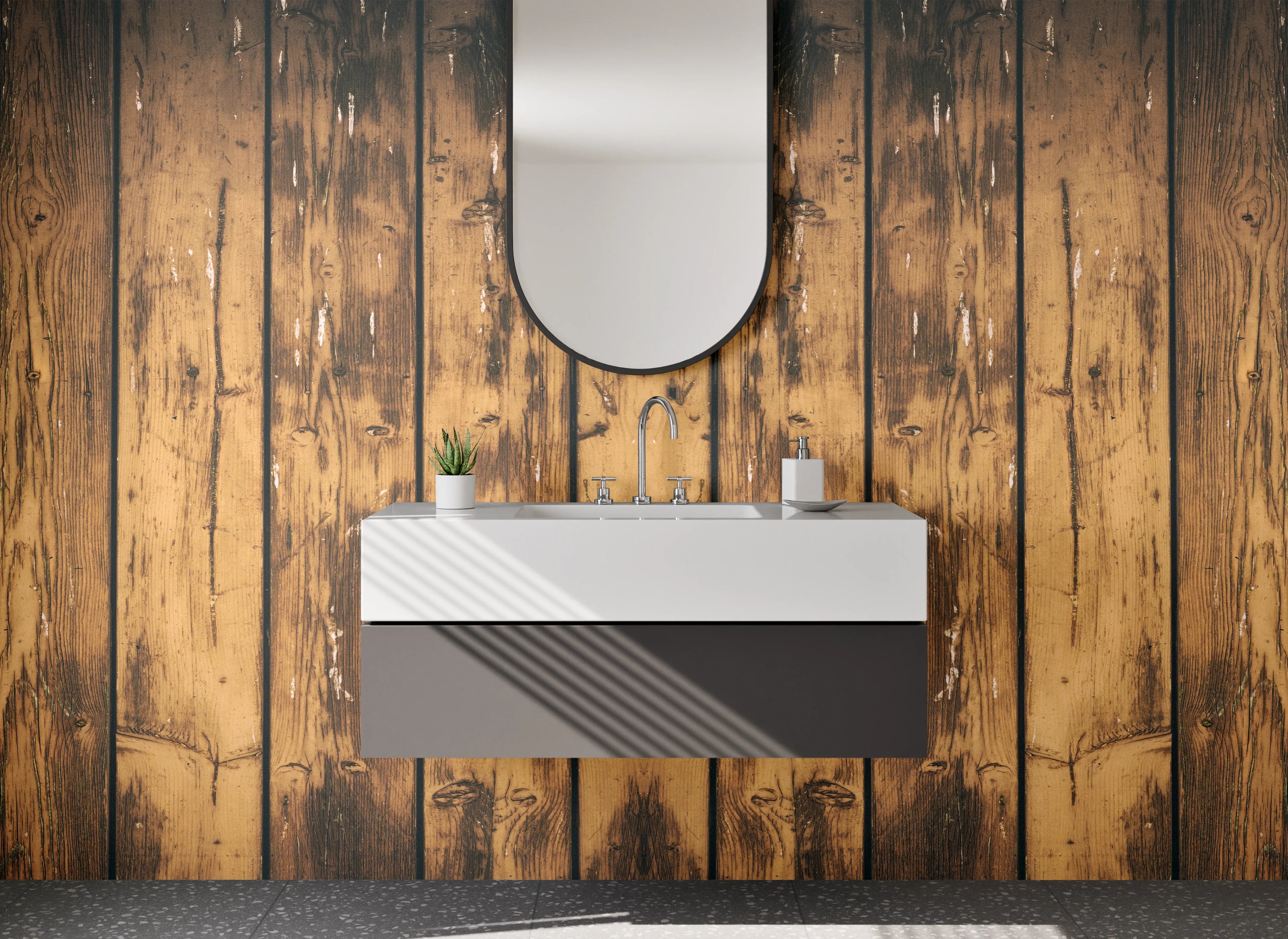 Waschbecken-Rückwand - Rustikale Holzbohlen Optik Braun