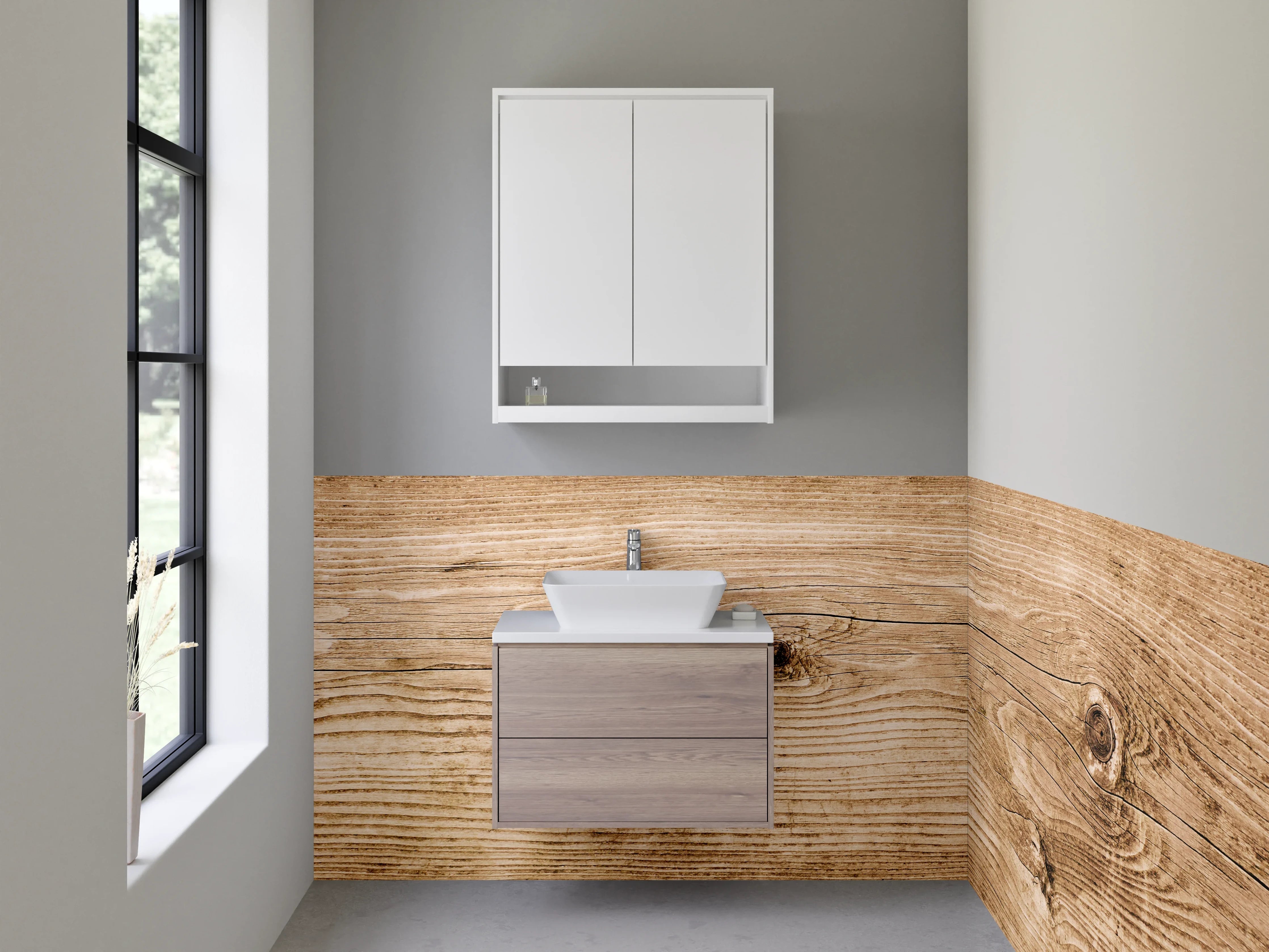 Waschbecken-Rückwand - Rustikale Holzbohlen-Optik Wanddekor