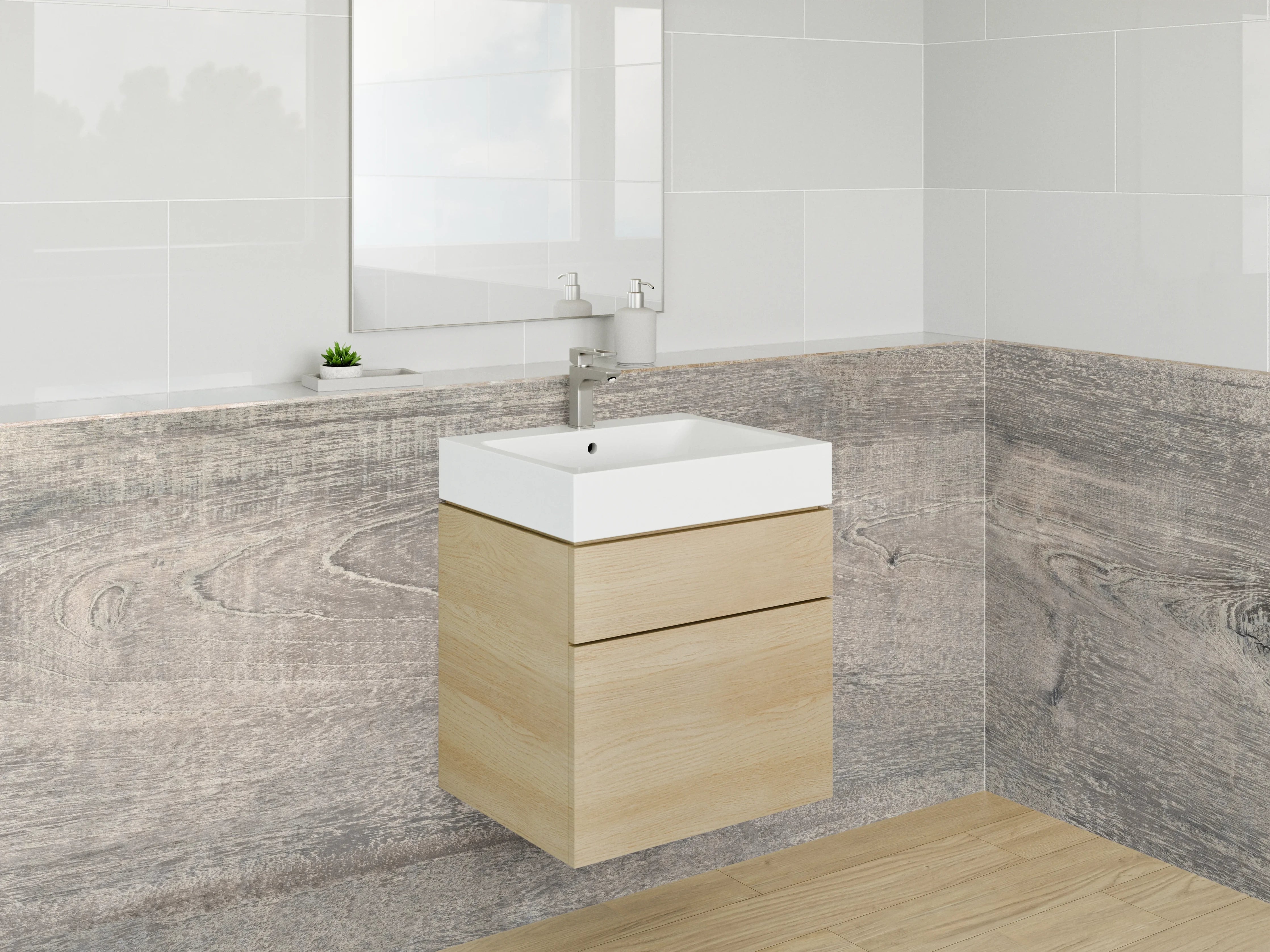 Waschbecken-Rückwand - Rustikale Holzoptik in Grau-Beige