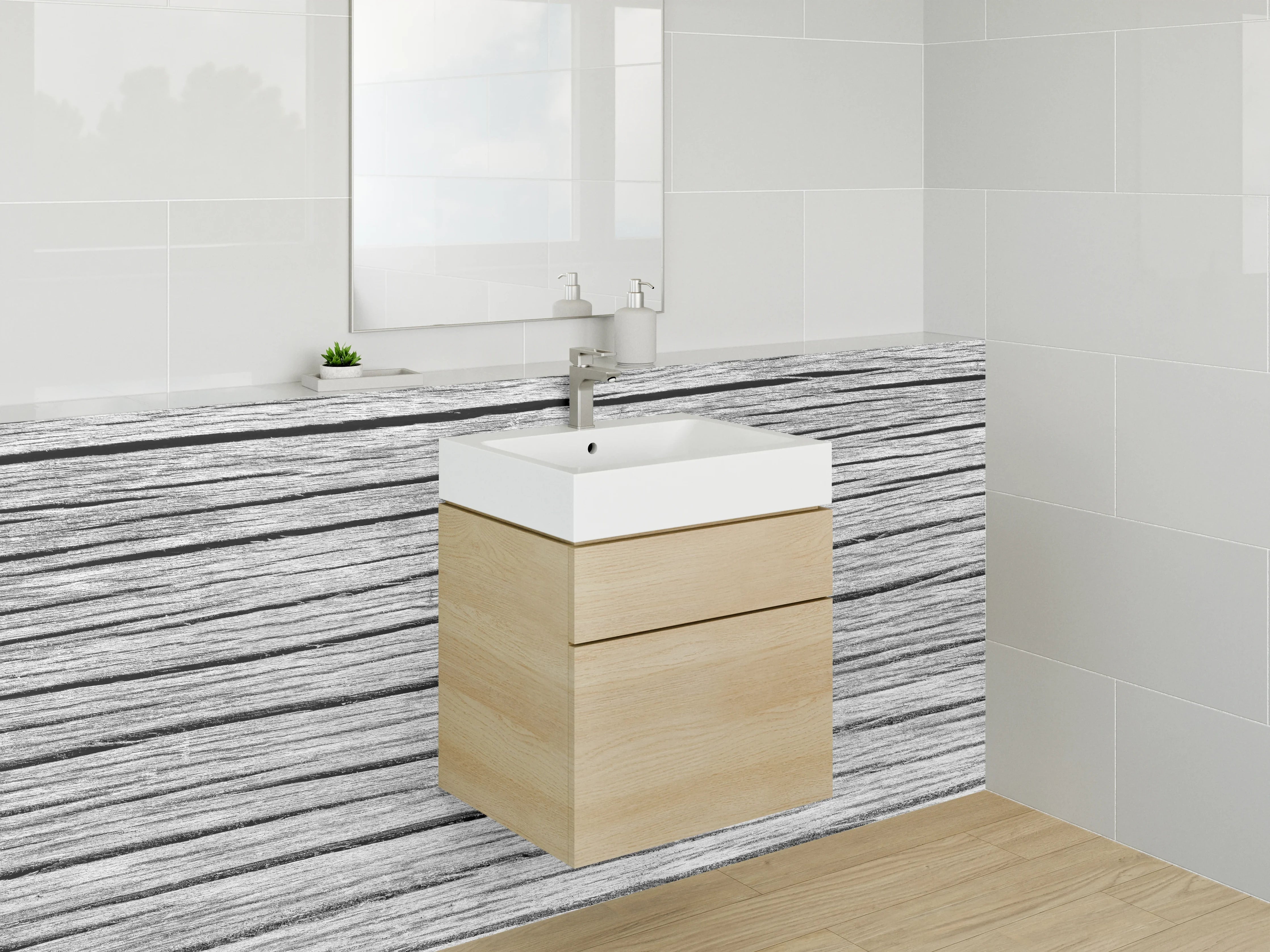 Waschbecken-Rückwand - Rustikale Holzoptik in Schwarz-Weiß