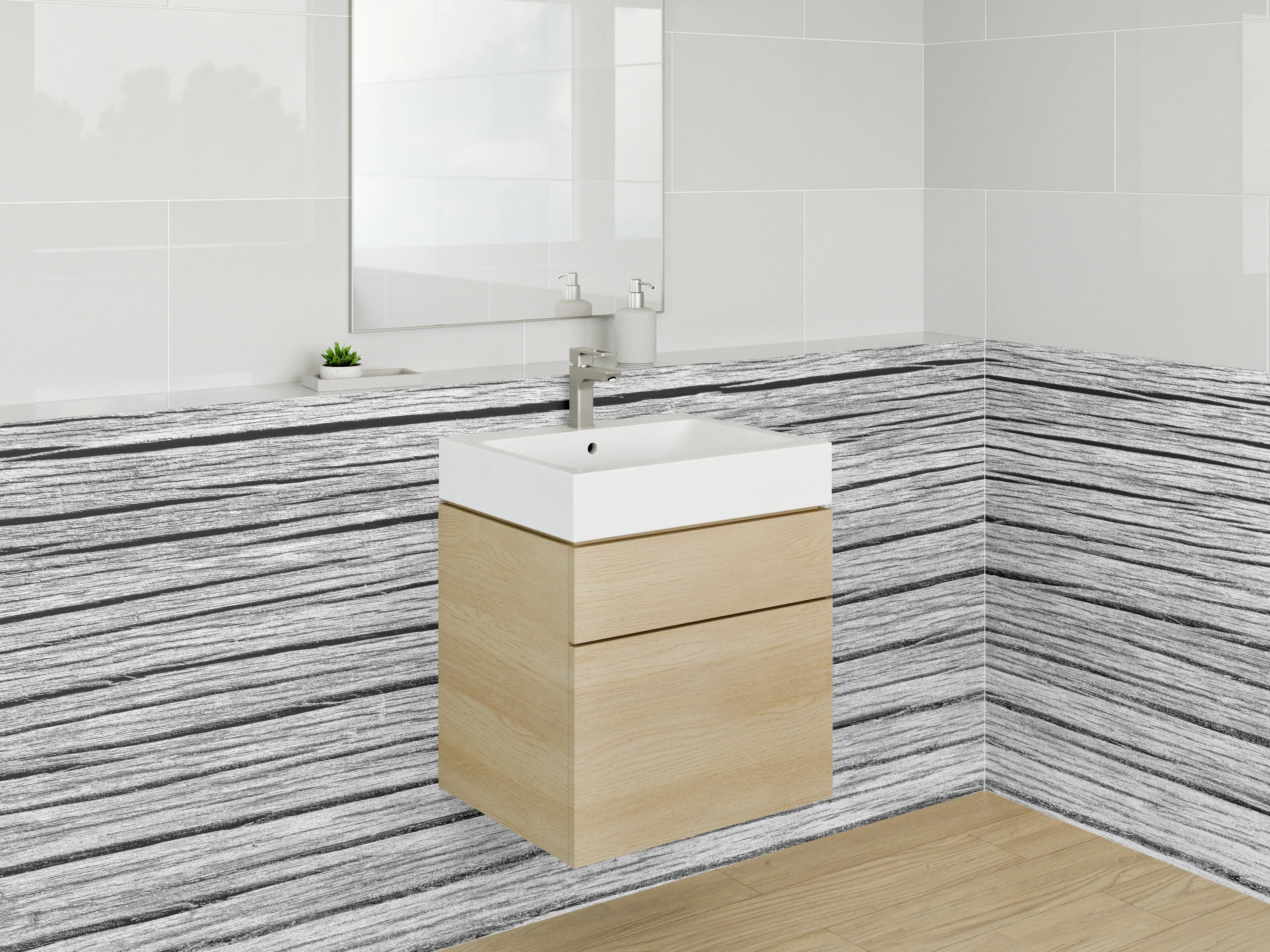 Waschbecken-Rückwand - Rustikale Holzoptik in Schwarz-Weiß