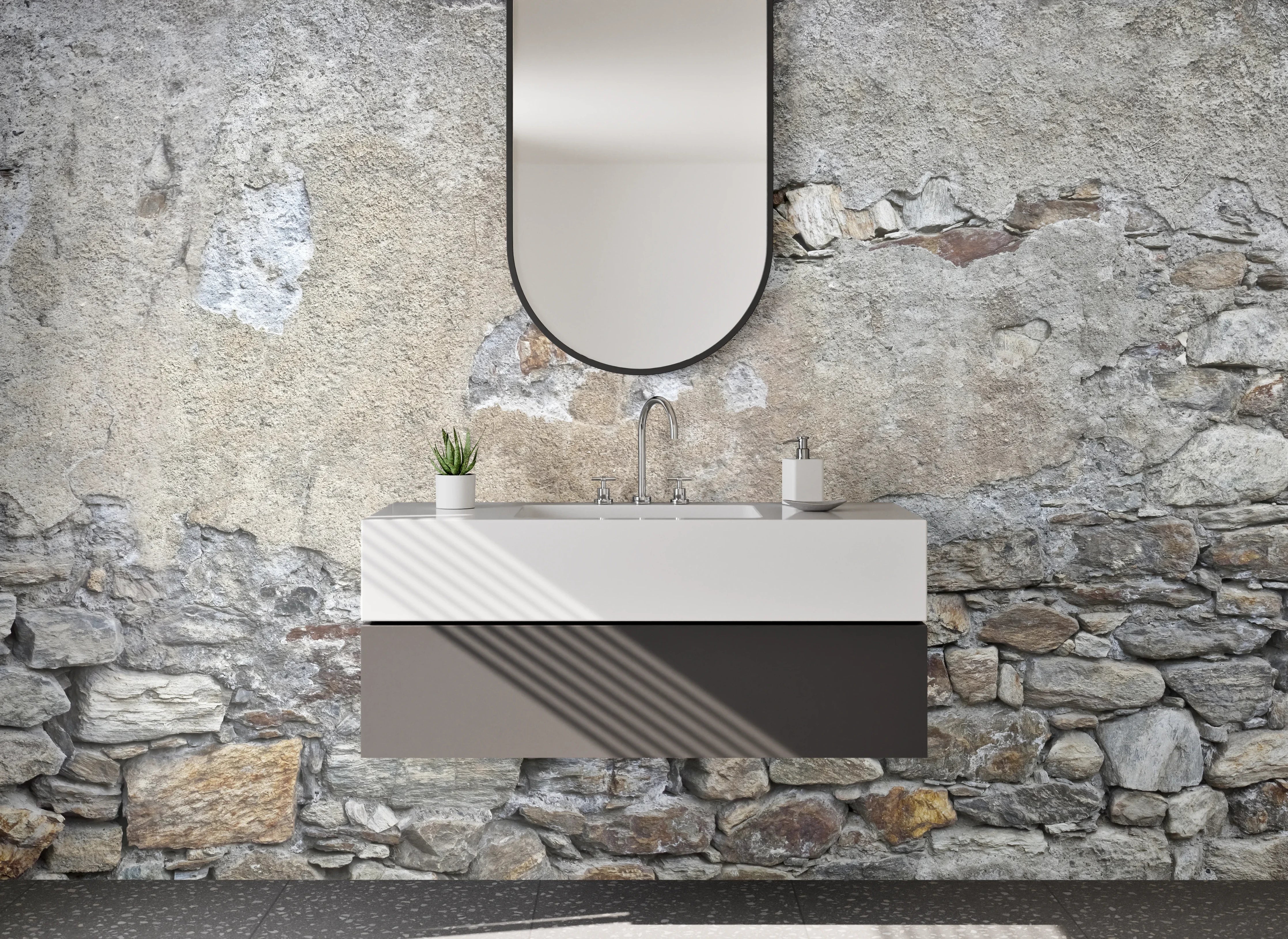 Waschbecken-Rückwand - Rustikale Steinmauer in Grau und Beige