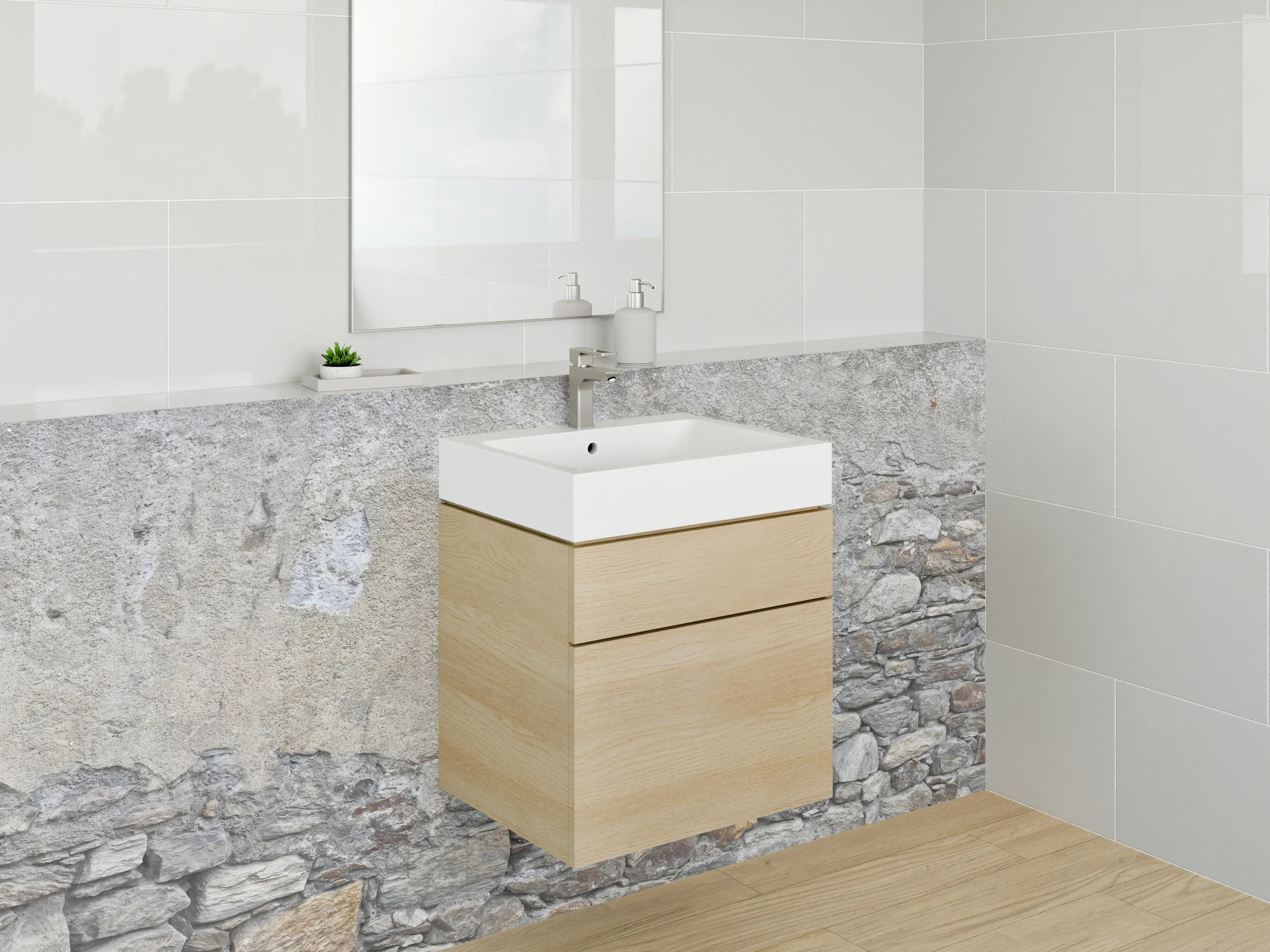 Waschbecken-Rückwand - Rustikale Steinmauer in Grau und Beige