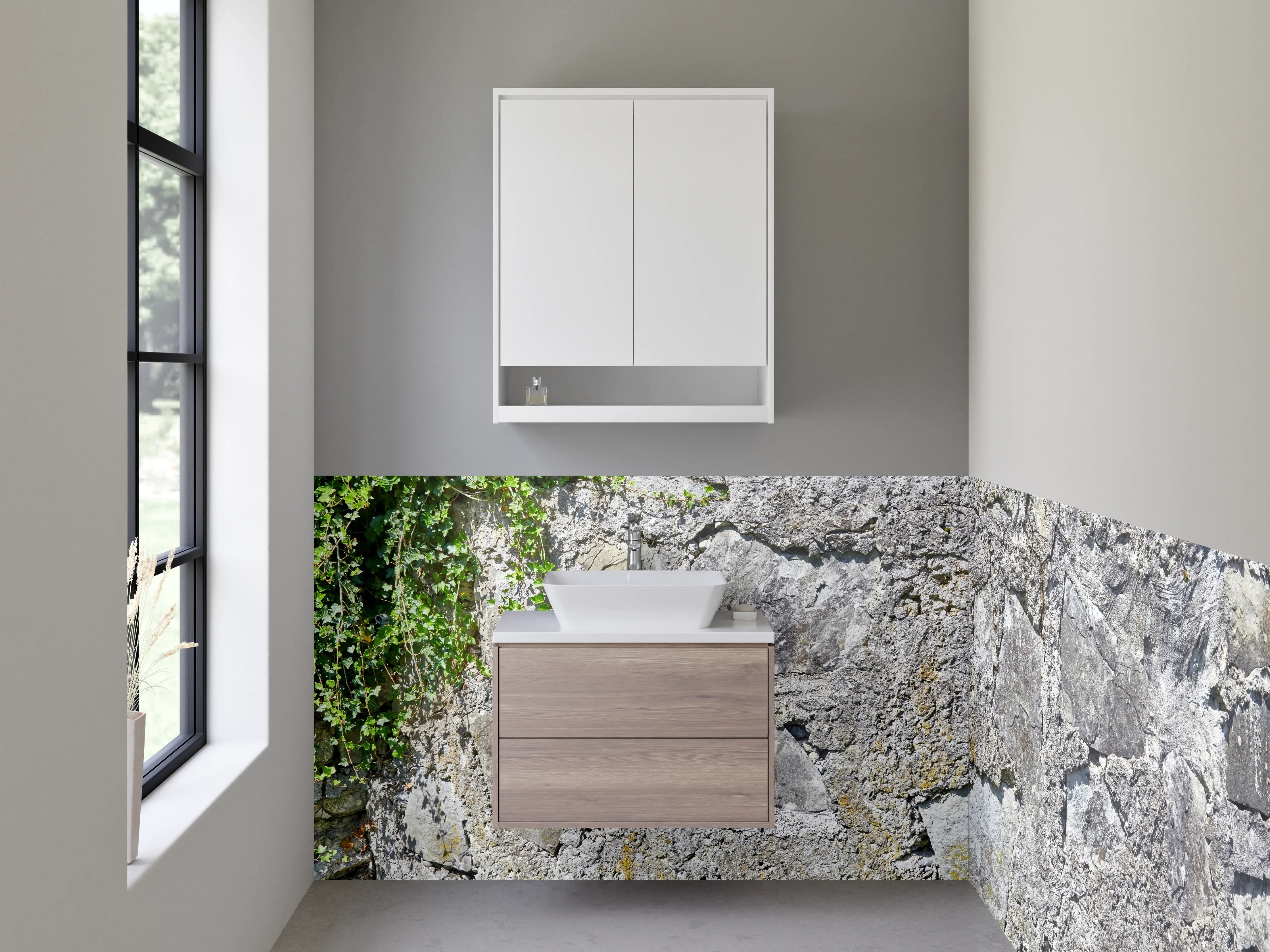 Waschbecken-Rückwand - Rustikale Steinmauer mit grauem Kalkstein